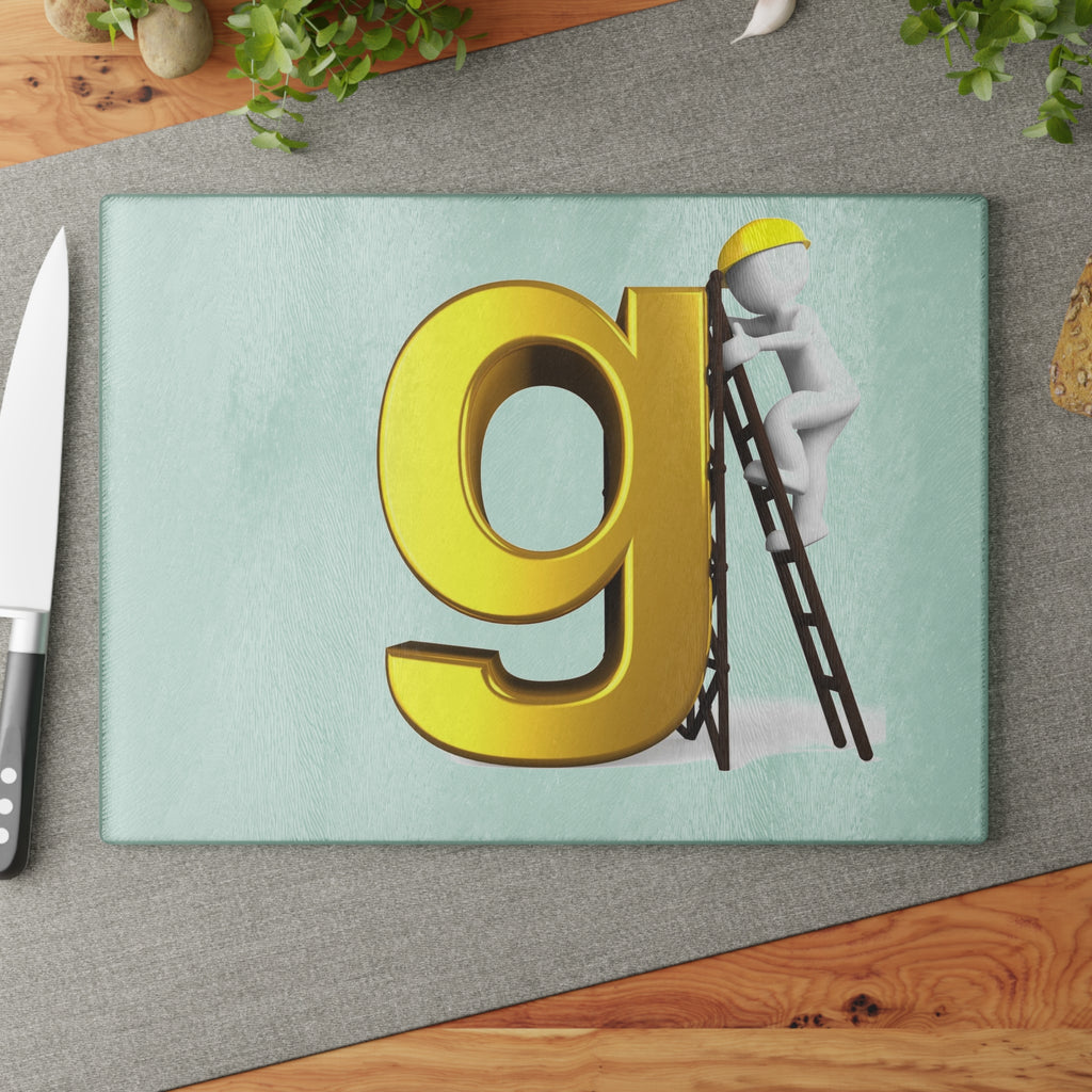 Golden Letter G with Worker Glass Cutting Board | Alphabet Kitchen Decor