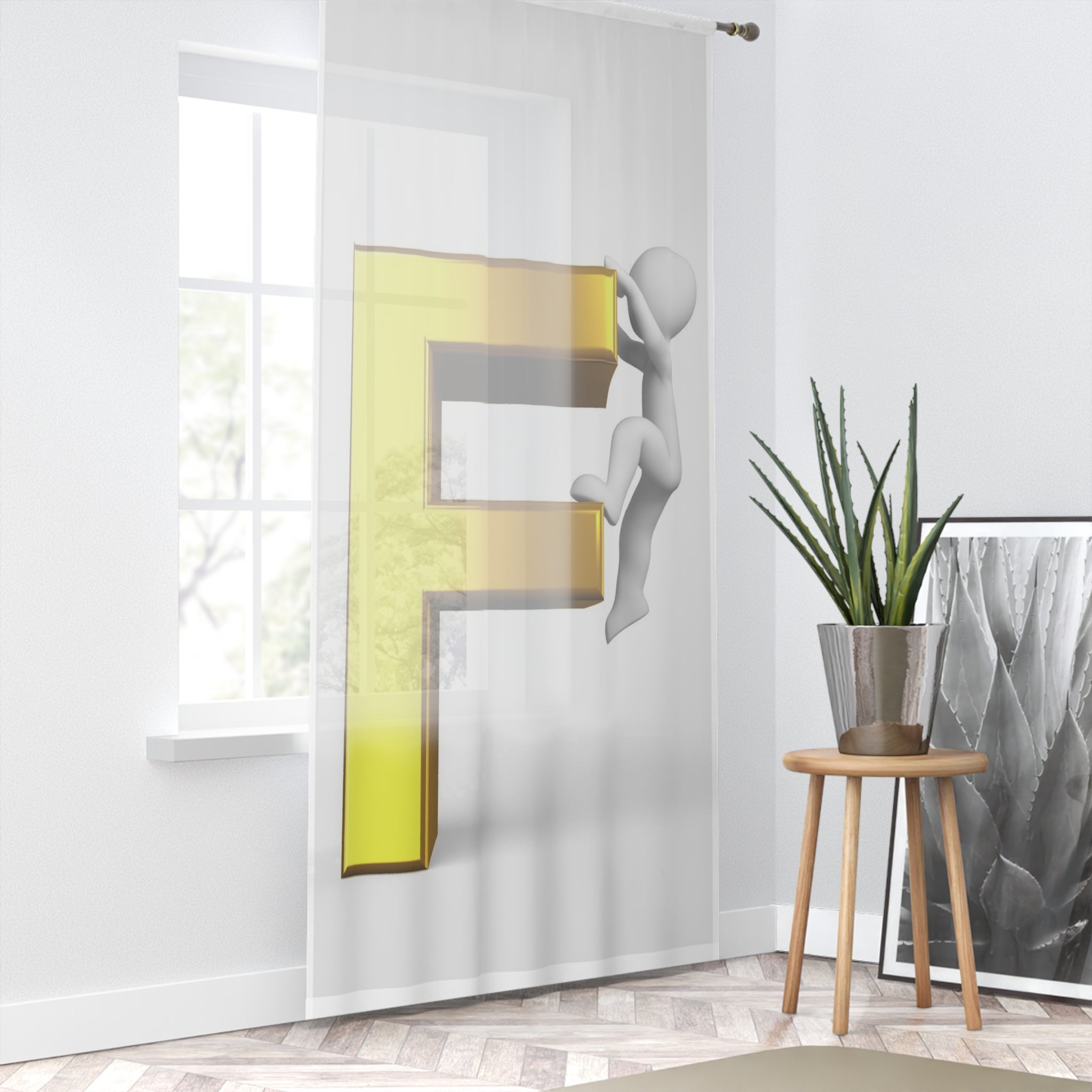 Climbing 3D Gold Letter F Window Curtain | Alphabet Monogram Sheer Panel