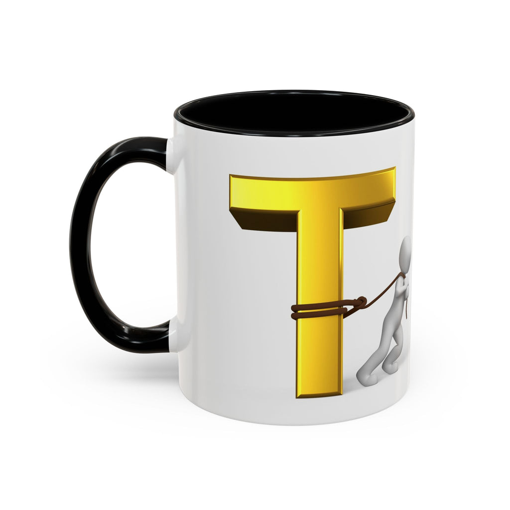 3D Stick Figure Tugging Gold Letter T Mug | Accent Coffee Mug