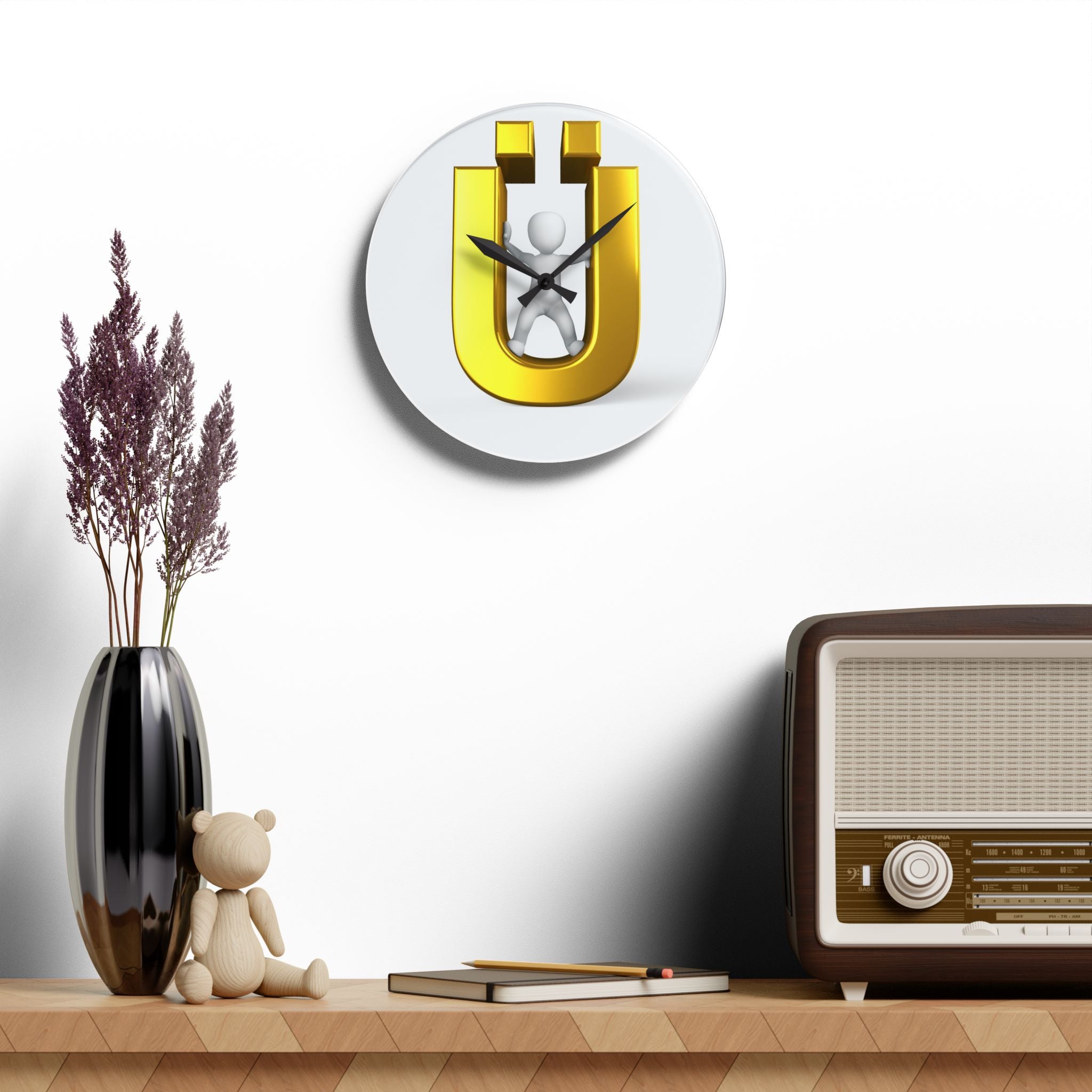 Golden Letter Ü Acrylic Wall Clock | Modern Typography Decor
