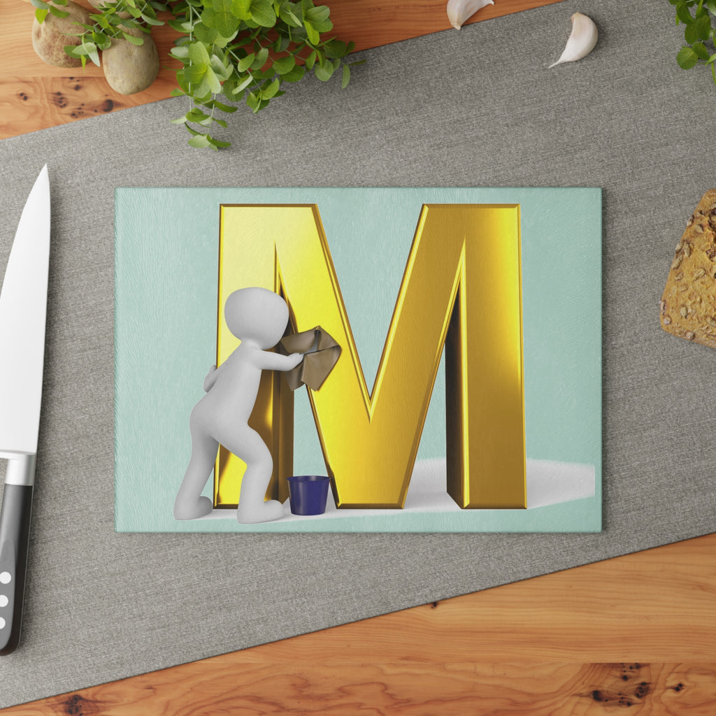 Gold Letter M with Cleaner Illustration Glass Cutting Board | Monogram Kitchen Decor