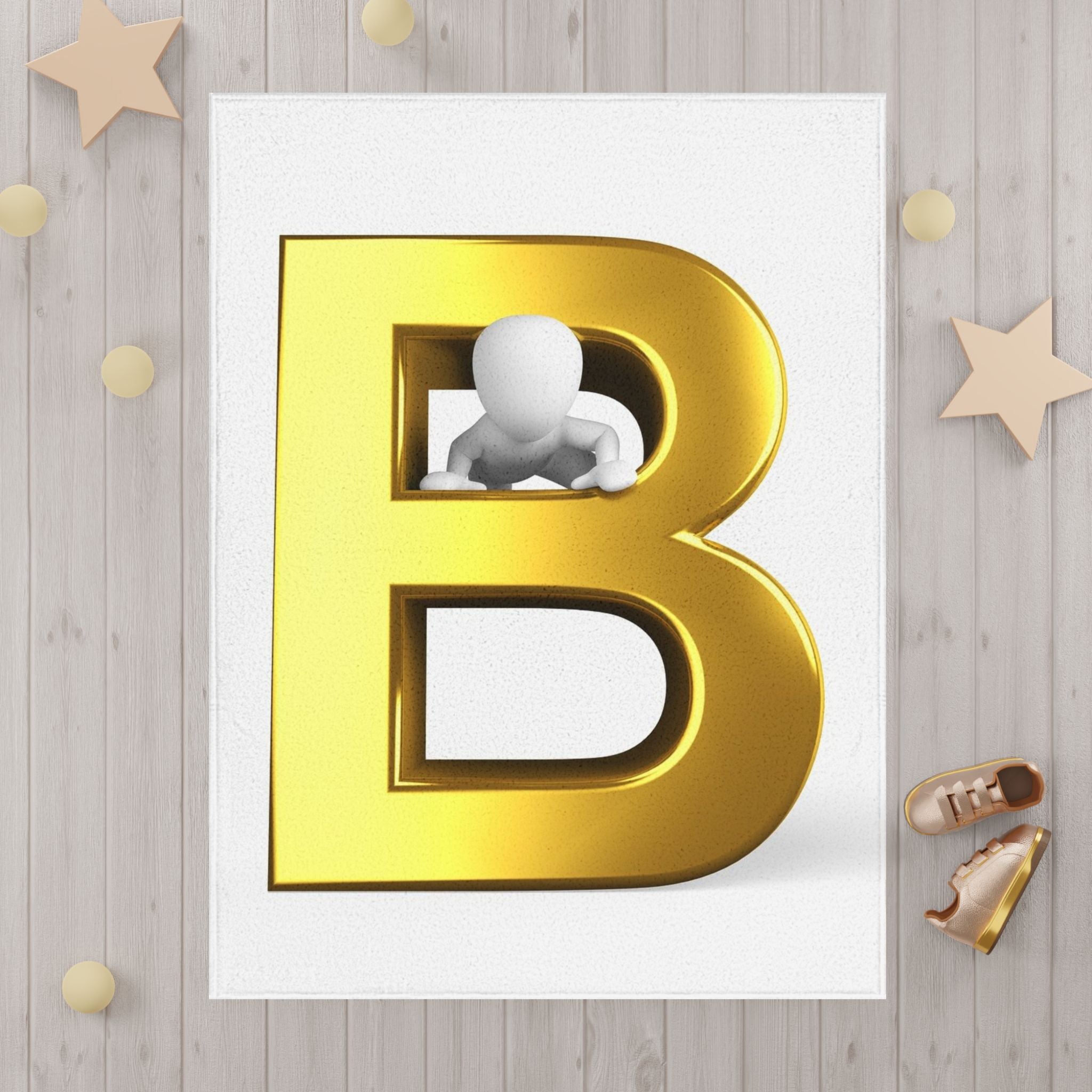 Gold Letter B with 3D Figure Toddler Blanket | Monogram Initial Nursery Decor