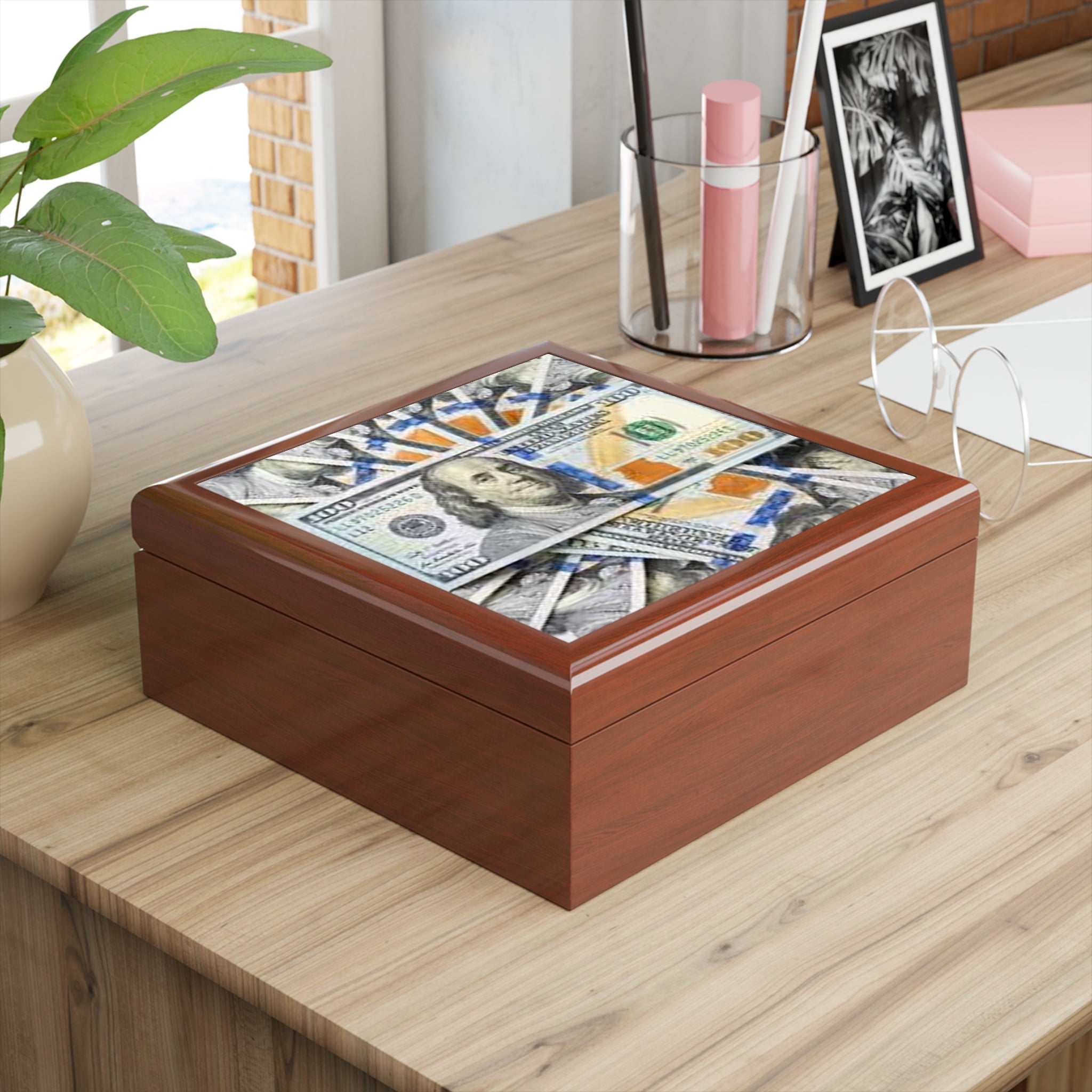 Benjamin Franklin Money Collage Jewelry Box | Black Keepsake Organizer