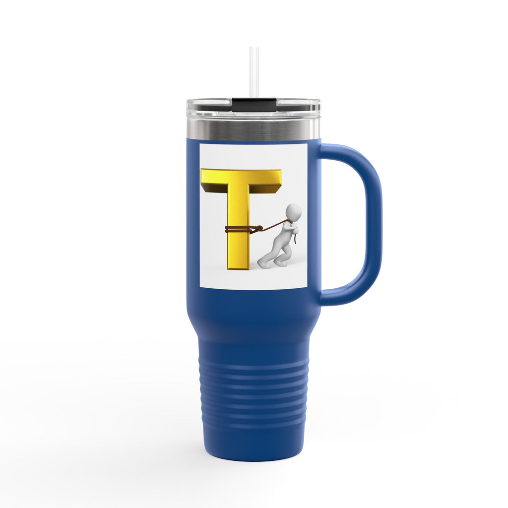3D Stick Figure Pulling Gold Letter T Travel Mug | 40oz Insulated Tumbler