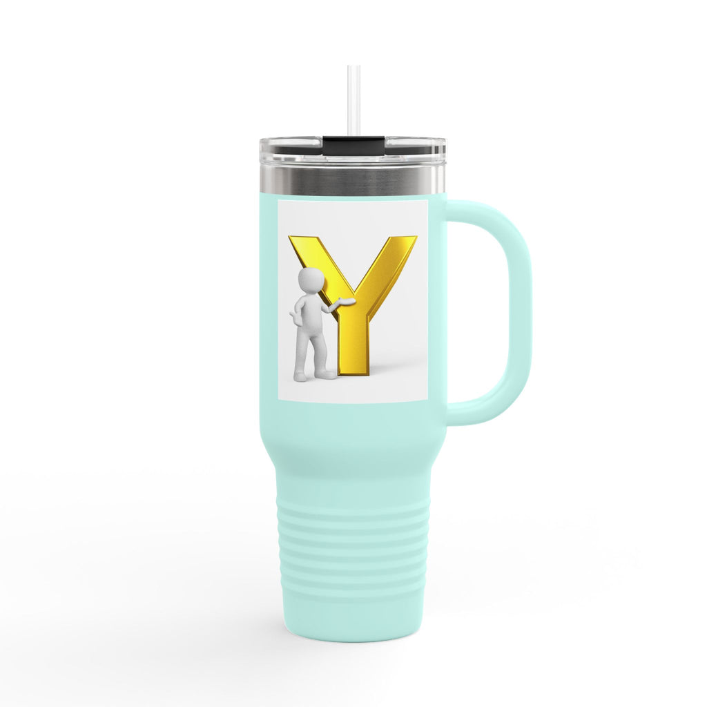 Yellow 3D Letter Y with Figure Travel Mug