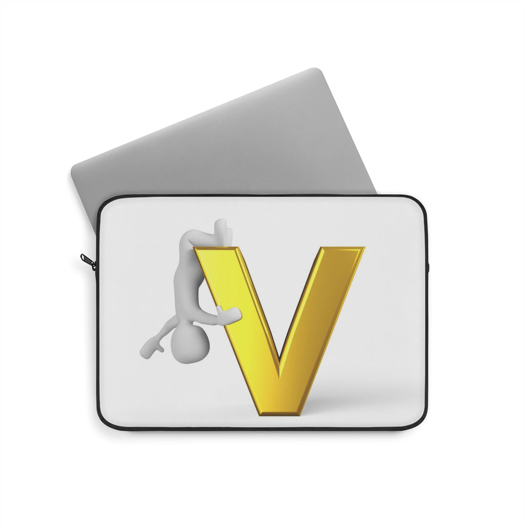 3D Character Hugging Gold Letter V Laptop Sleeve | Monogram Initial Cover