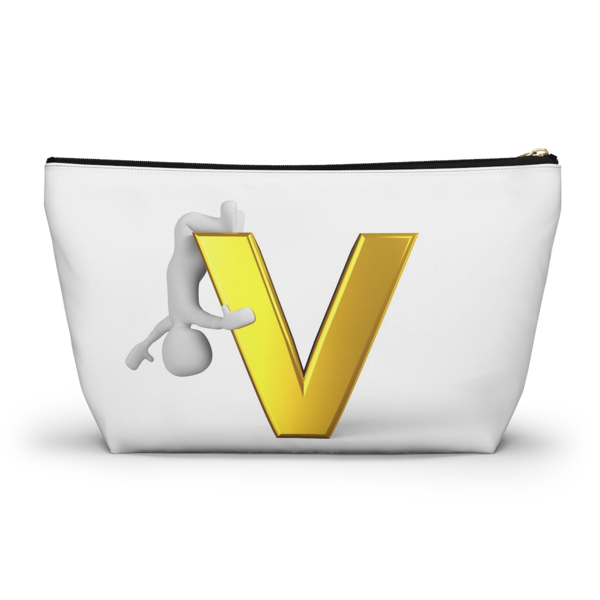 Gold Letter V with Hanging Stick Figure Accessory Pouch