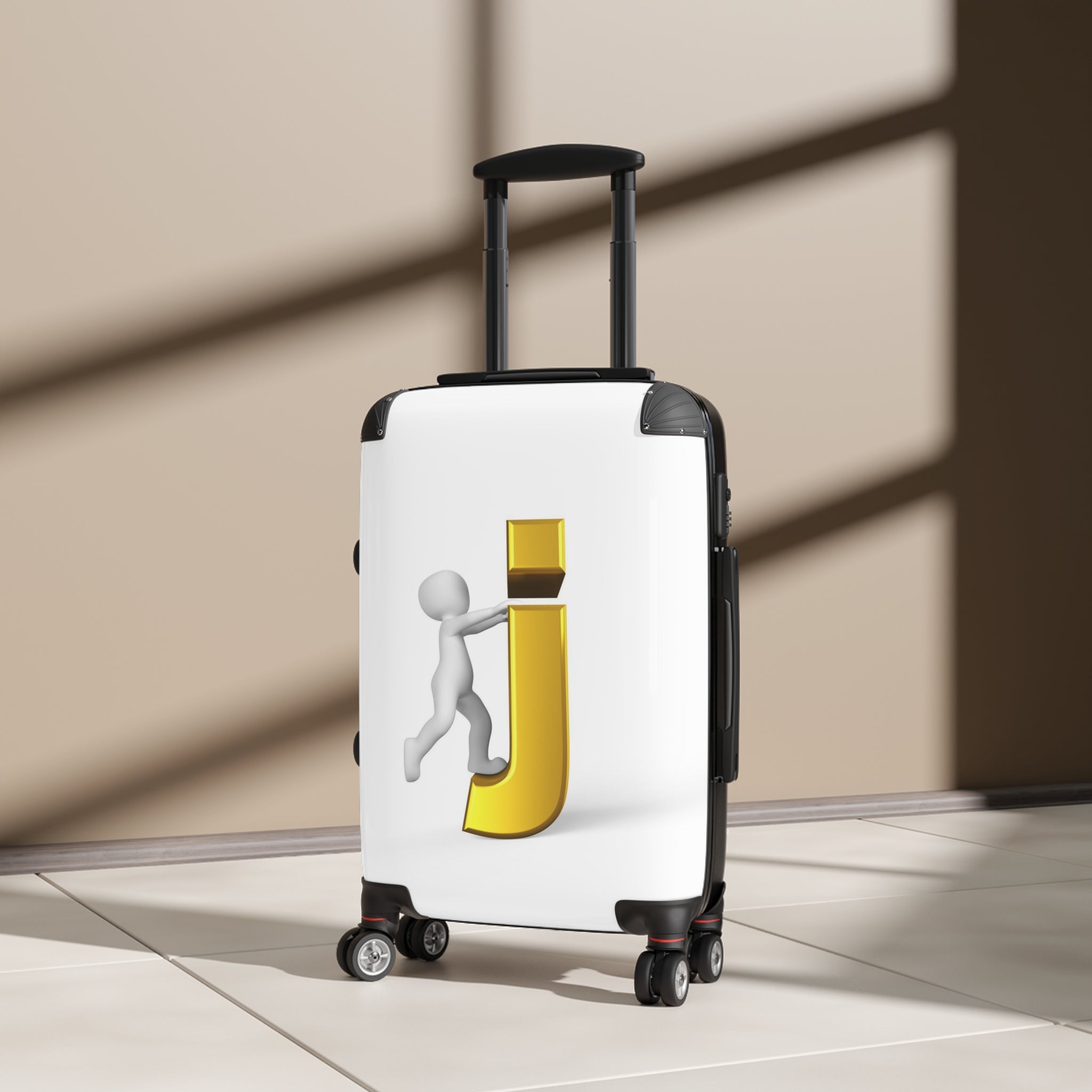 3D Person Riding Gold Letter J Suitcase | Personalized Initial Luggage
