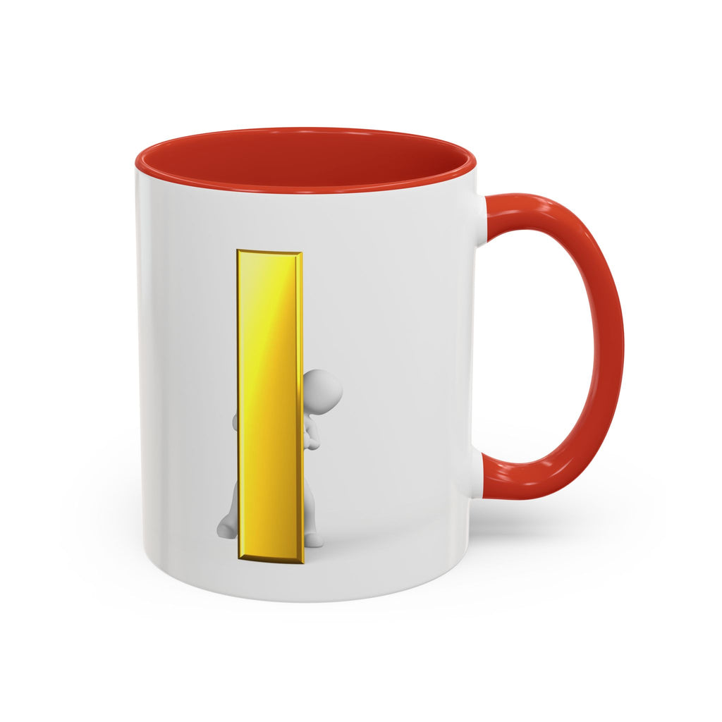 Mug en céramique avec bonhomme allumette jetant un coup d'œil derrière la lettre i dorée | Tasse à café avec anse et intérieur contrastants