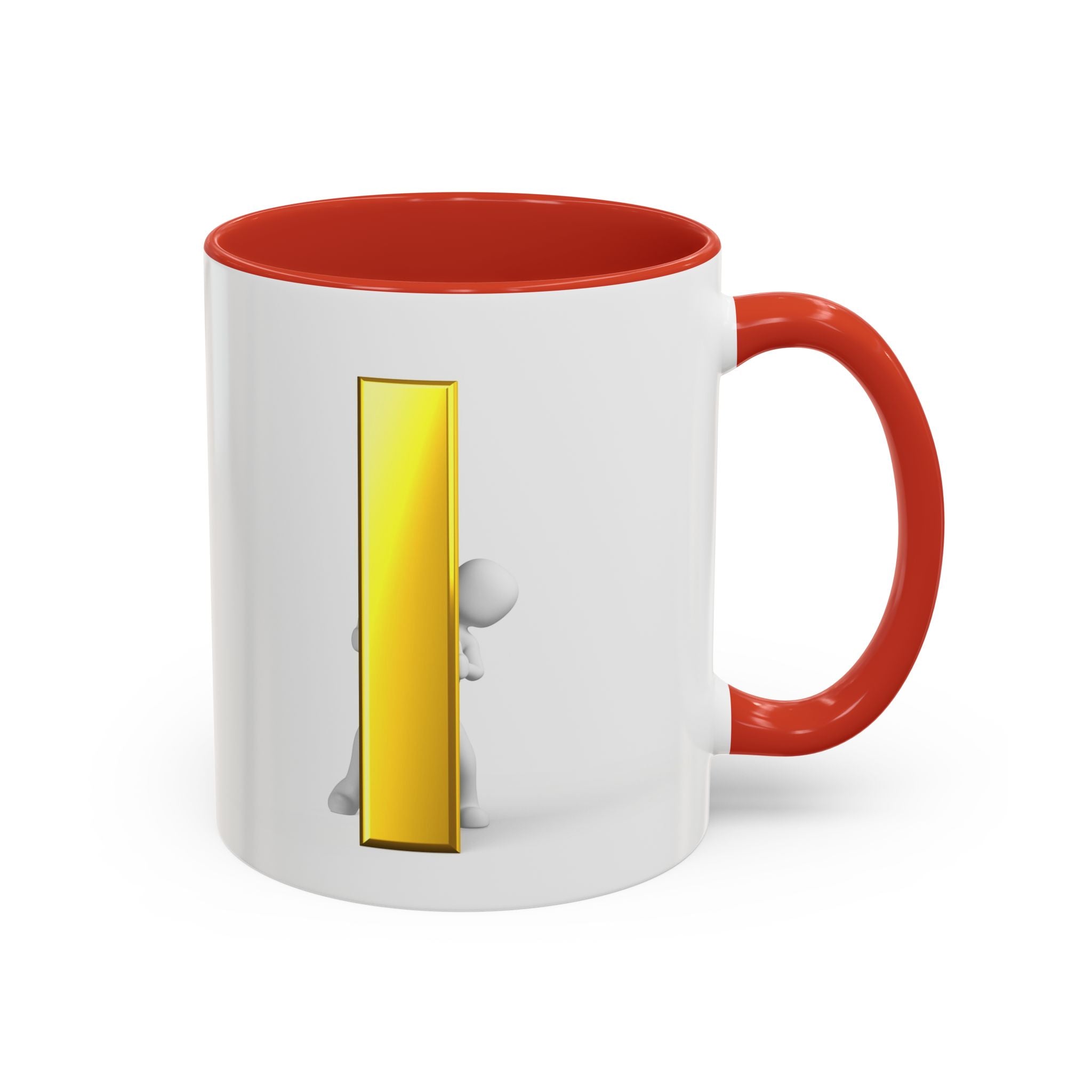 Mug en céramique avec bonhomme allumette jetant un coup d'œil derrière la lettre i dorée | Tasse à café avec anse et intérieur contrastants