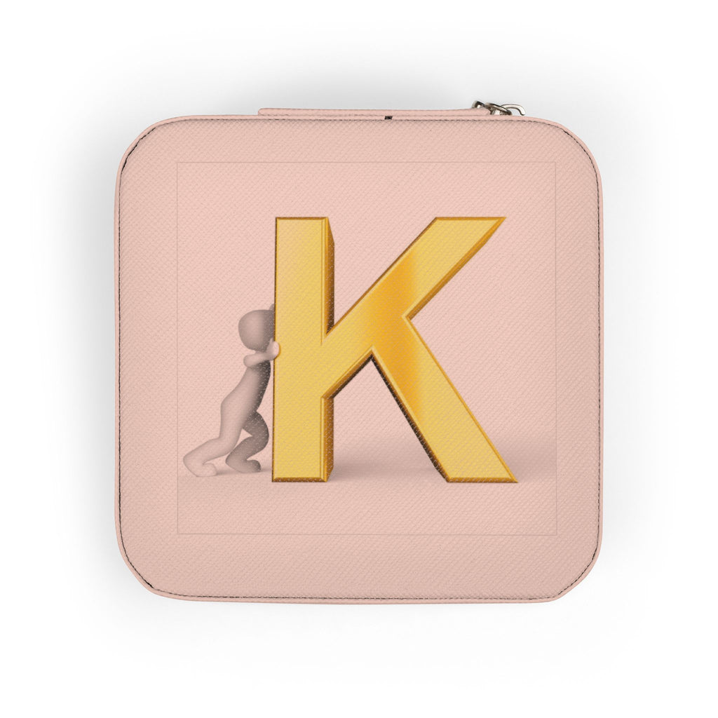 Gold Initial K Jewelry Travel Case | Compact Pink Ring Earring Organizer