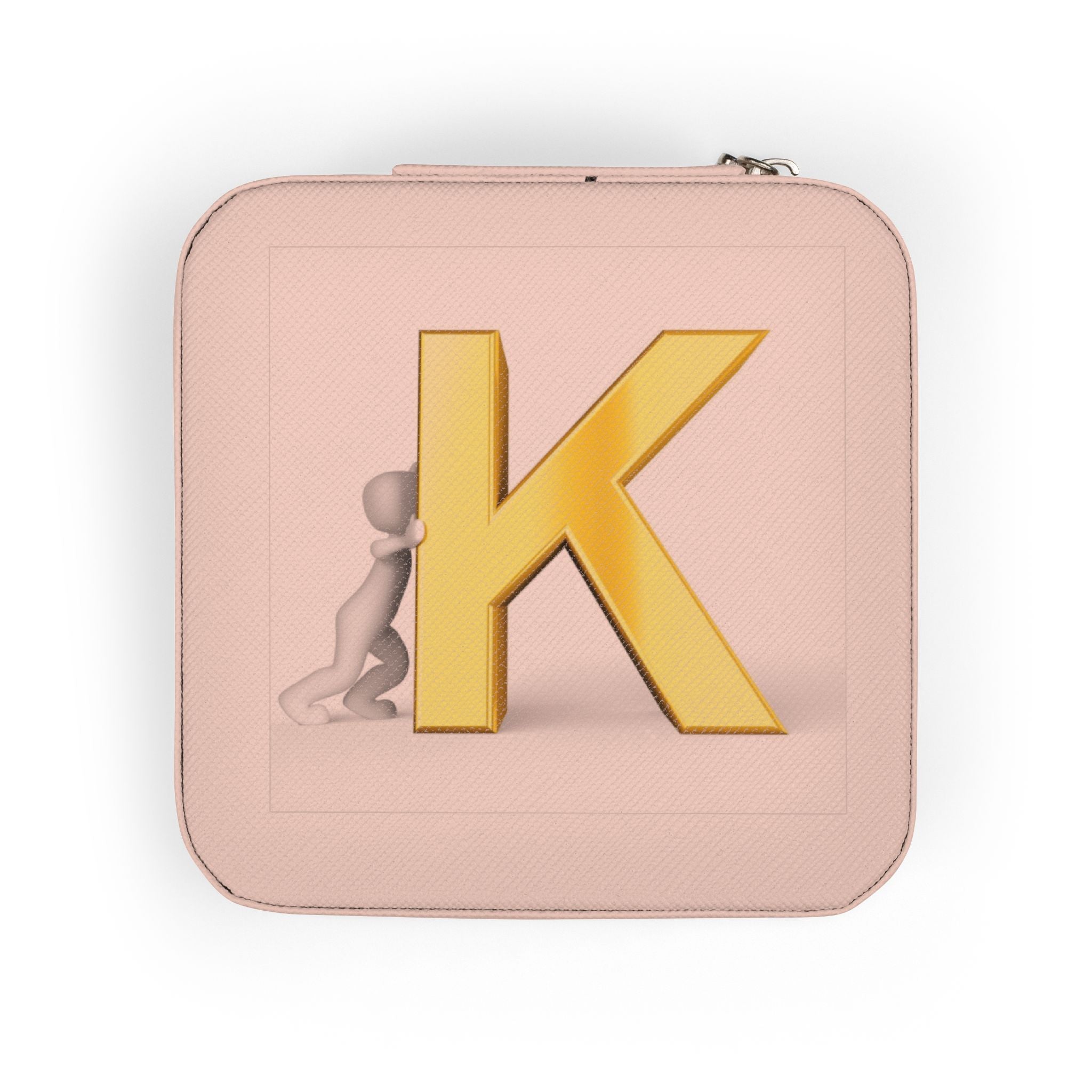 Gold Initial K Jewelry Travel Case | Compact Pink Ring Earring Organizer