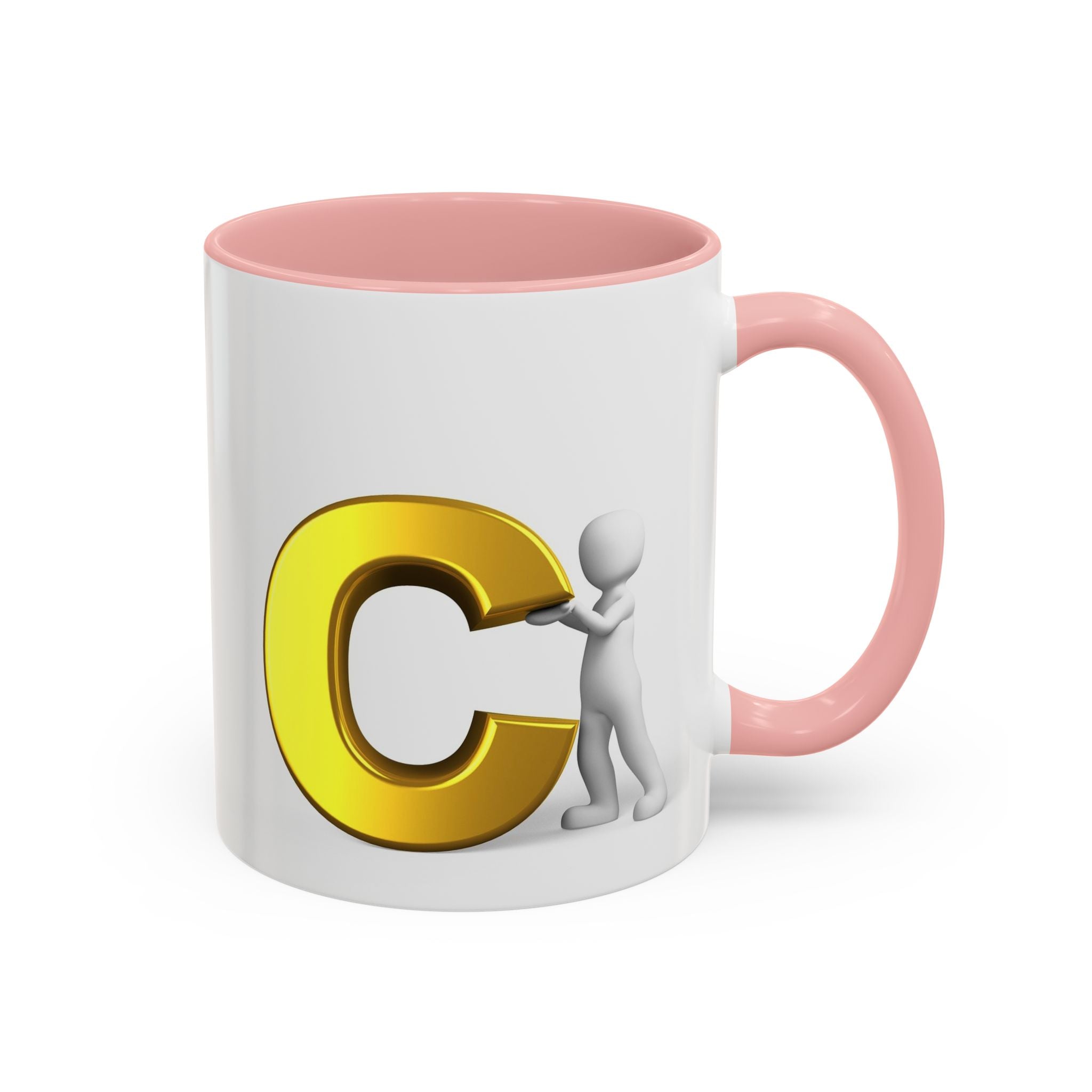 3D Stick Figure Holding Gold Letter C Accent Coffee Mug | Initial Monogram Mug