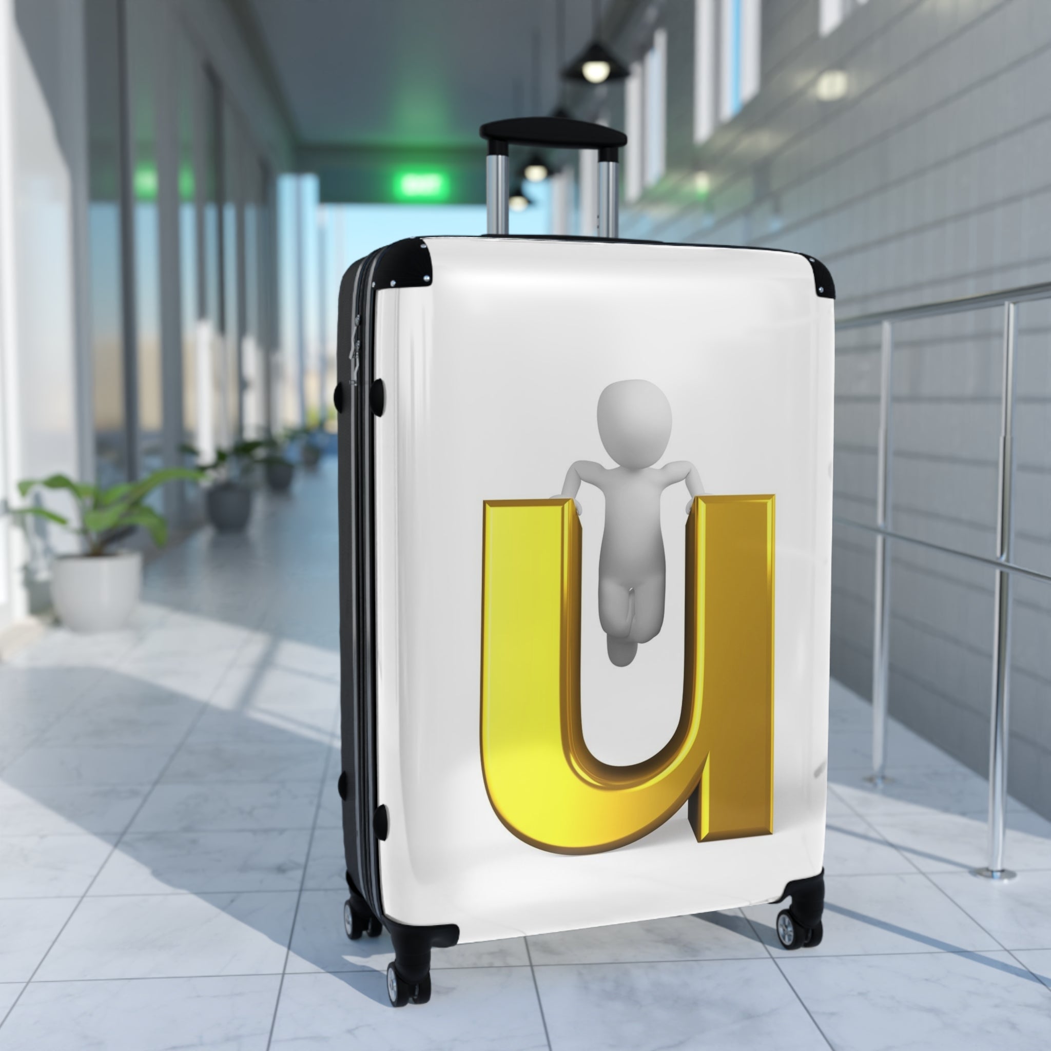 3D Gold Letter U with Figure Suitcase | Personalized Luggage Decal