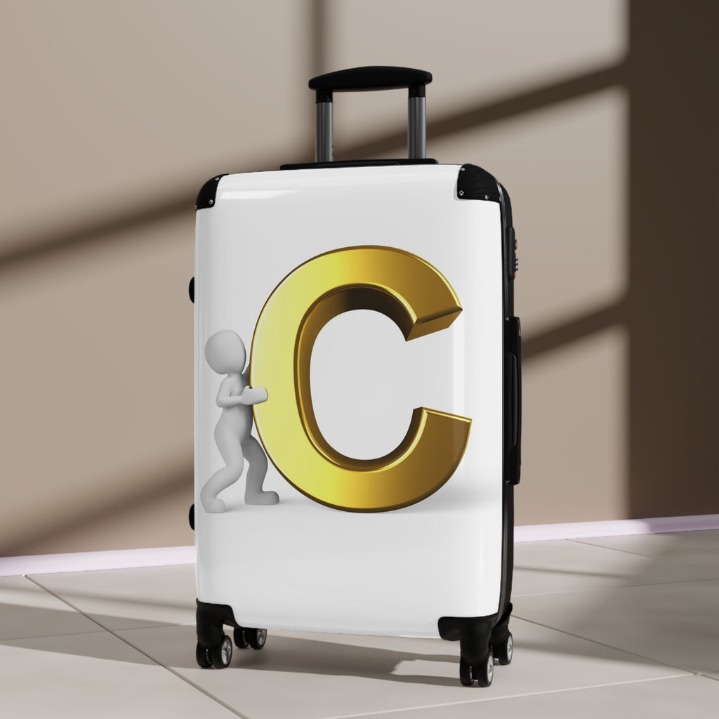 3D Character Pushing Gold Letter C Suitcase | Monogram Luggage