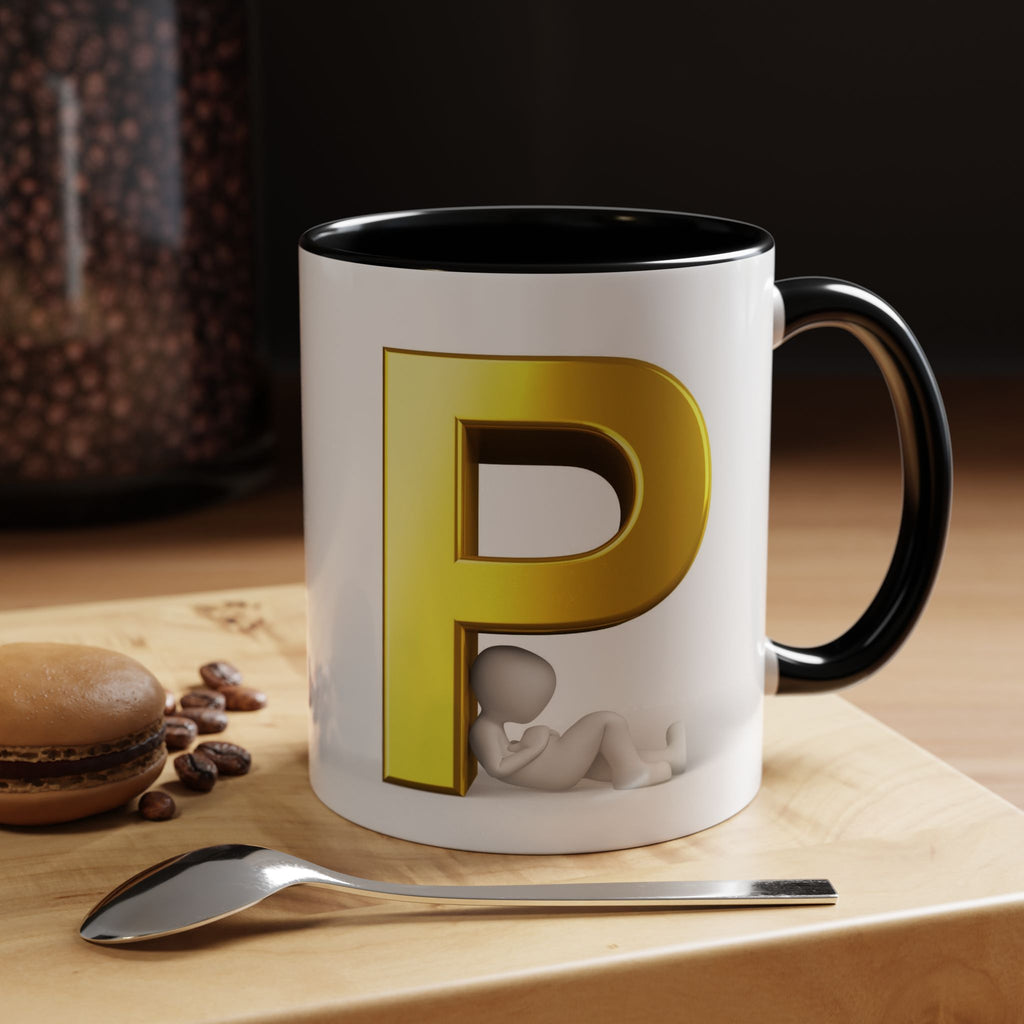 Mug Lettre P dorée avec silhouette relaxante | Mug à café avec anse colorée 325 ml 445 ml