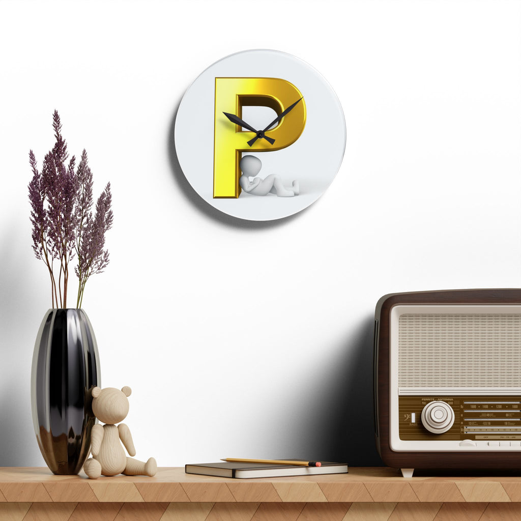 Golden Letter P Initial Acrylic Wall Clock | Monogram Decor
