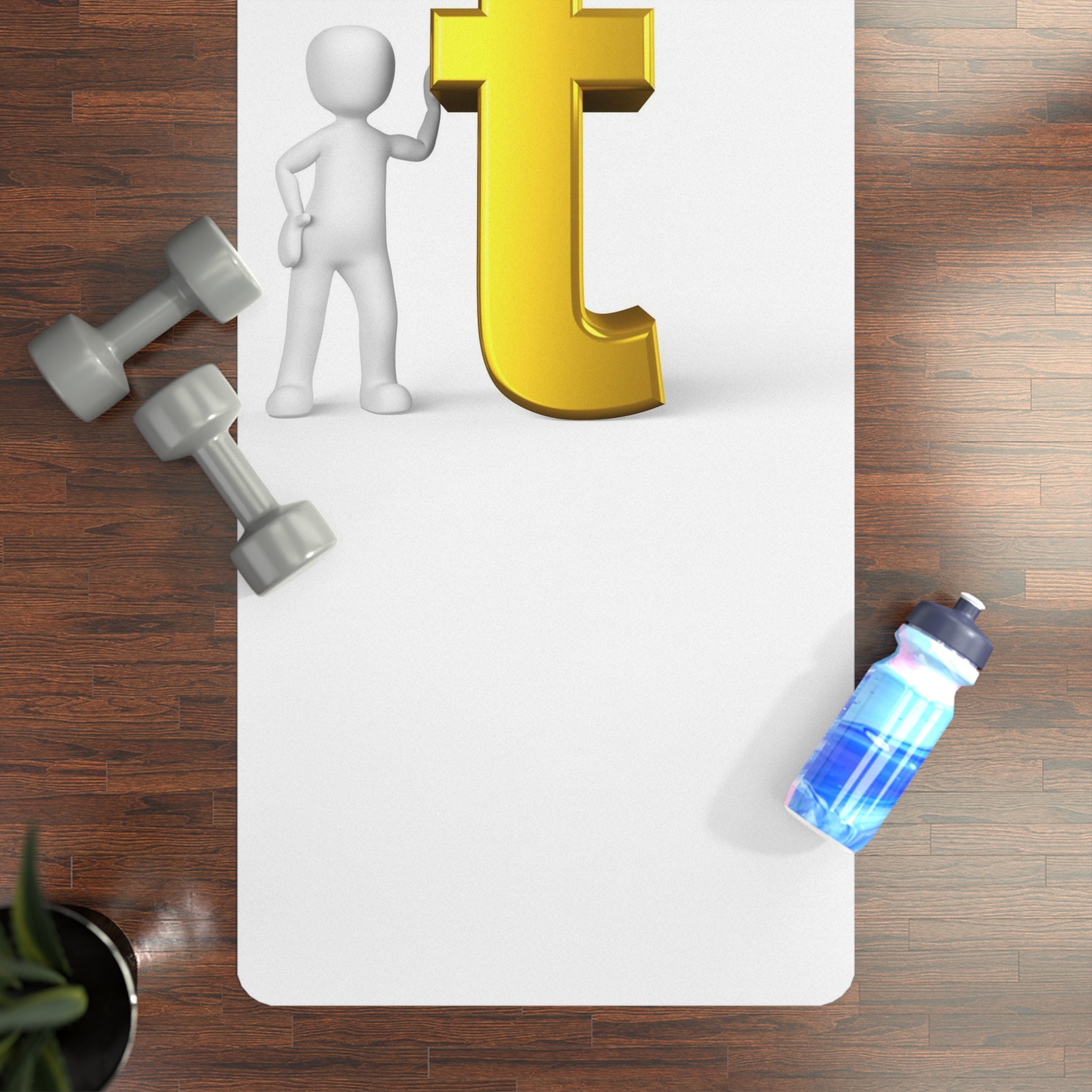 3D Stick Figure with Gold Letter t Rubber Yoga Mat | Minimal Typographic Design