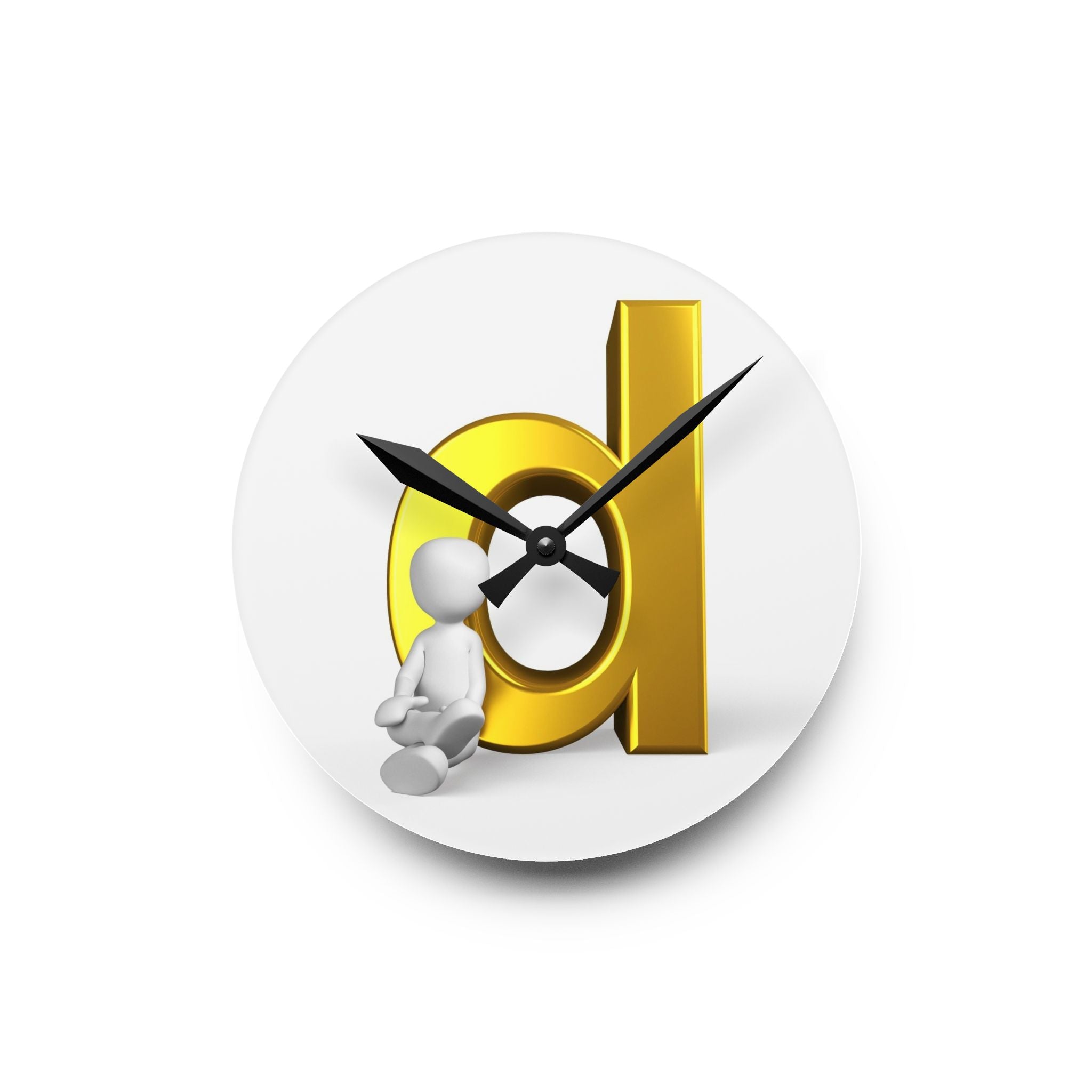 3D Gold Letter d with Sitting Figure Acrylic Wall Clock | Modern Alphabet Decor