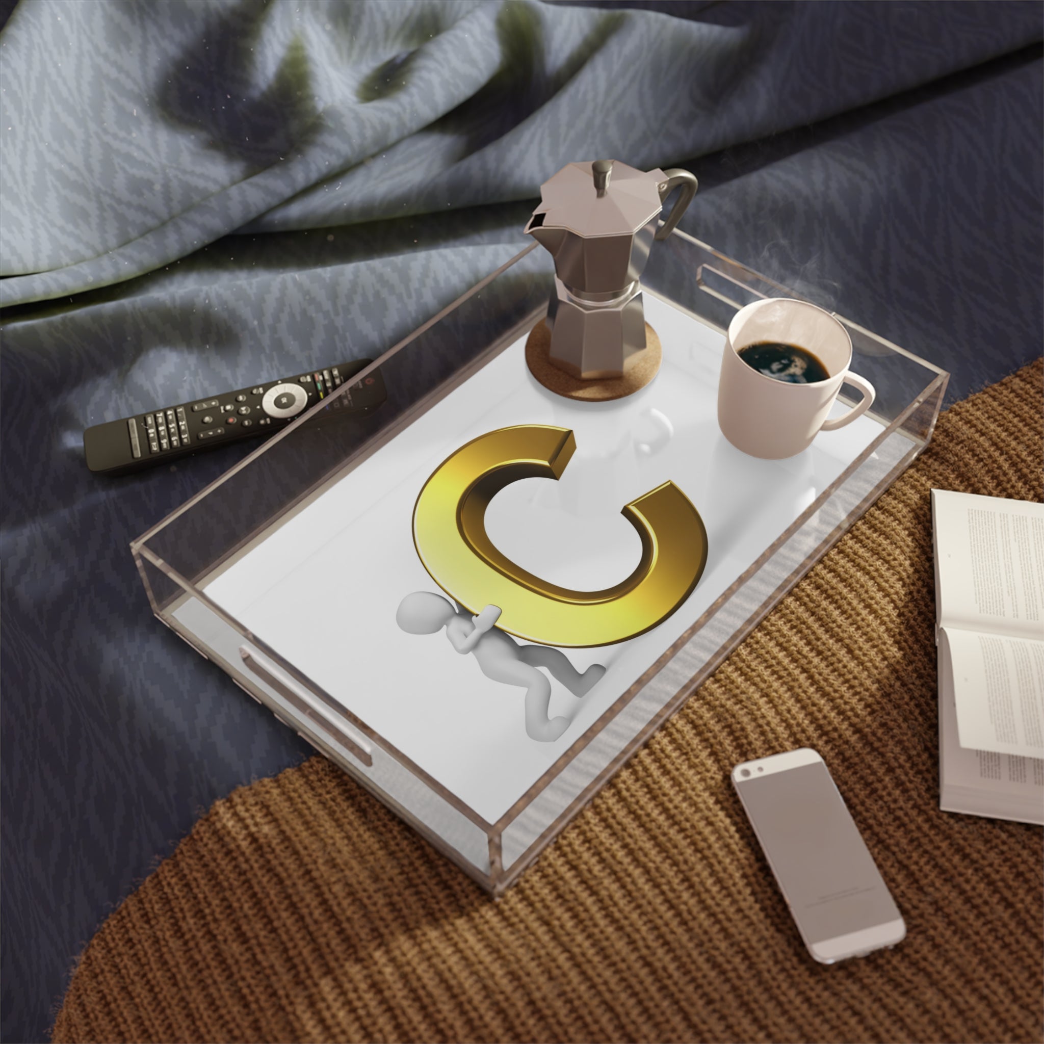 Gold Letter C Monogram Acrylic Serving Tray | Initial C Decorative Tray