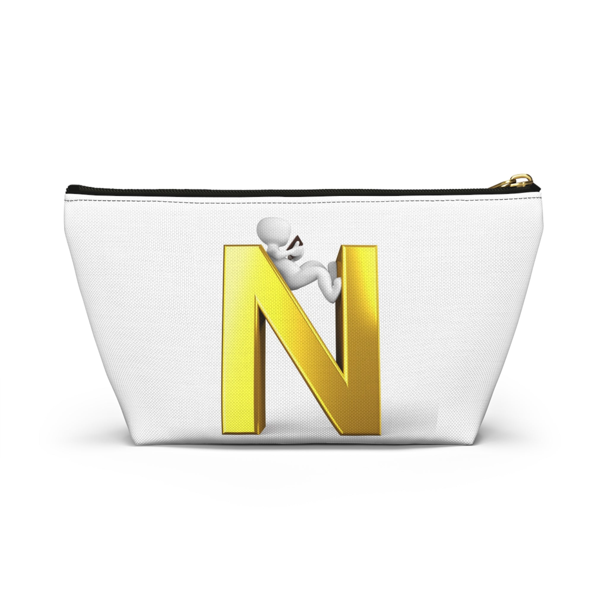Gold Letter N with Climbing Figure Accessory Pouch | Monogram Makeup Bag