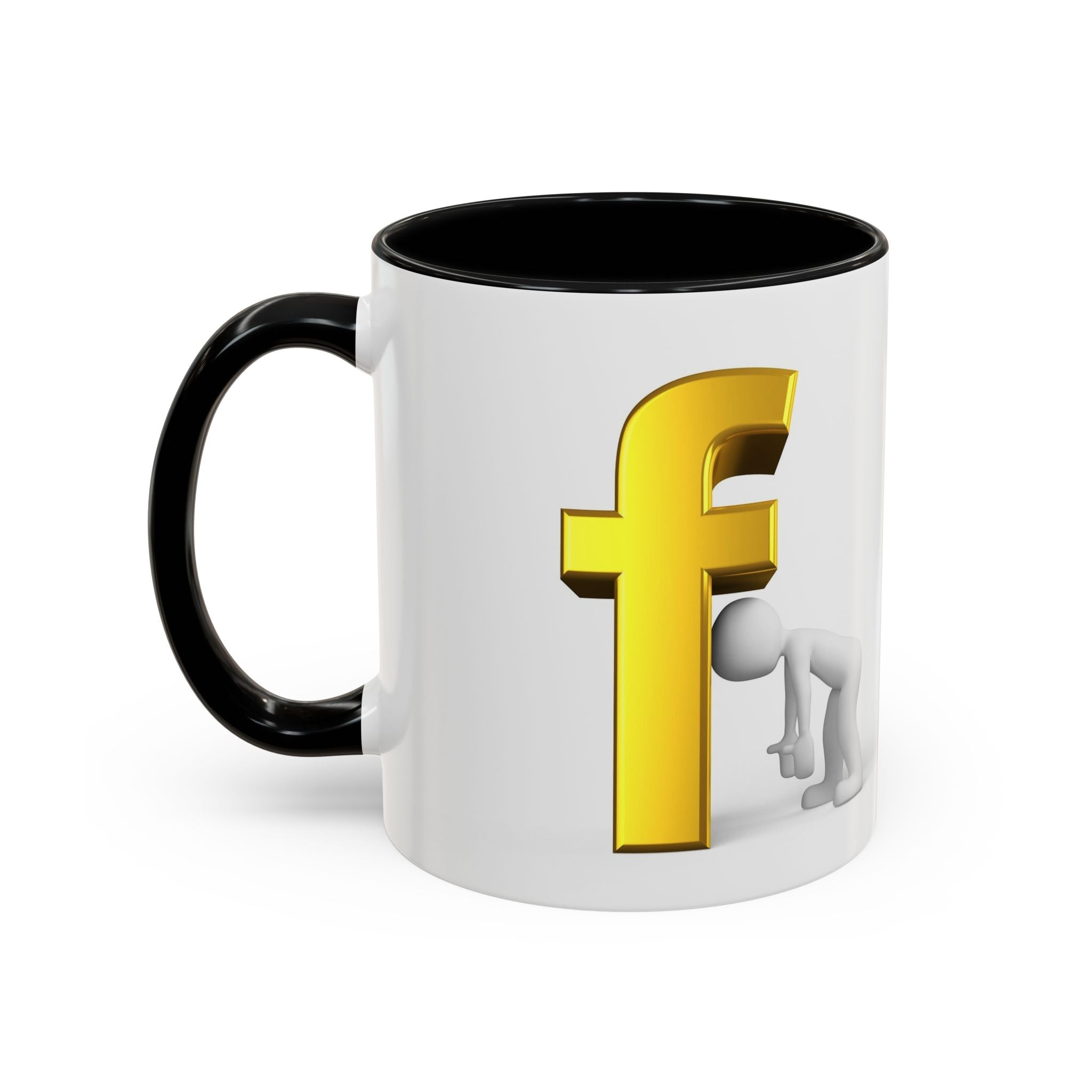 3D Tiny Figure Leaning on Gold Letter F Mug | Accent Coffee Mug