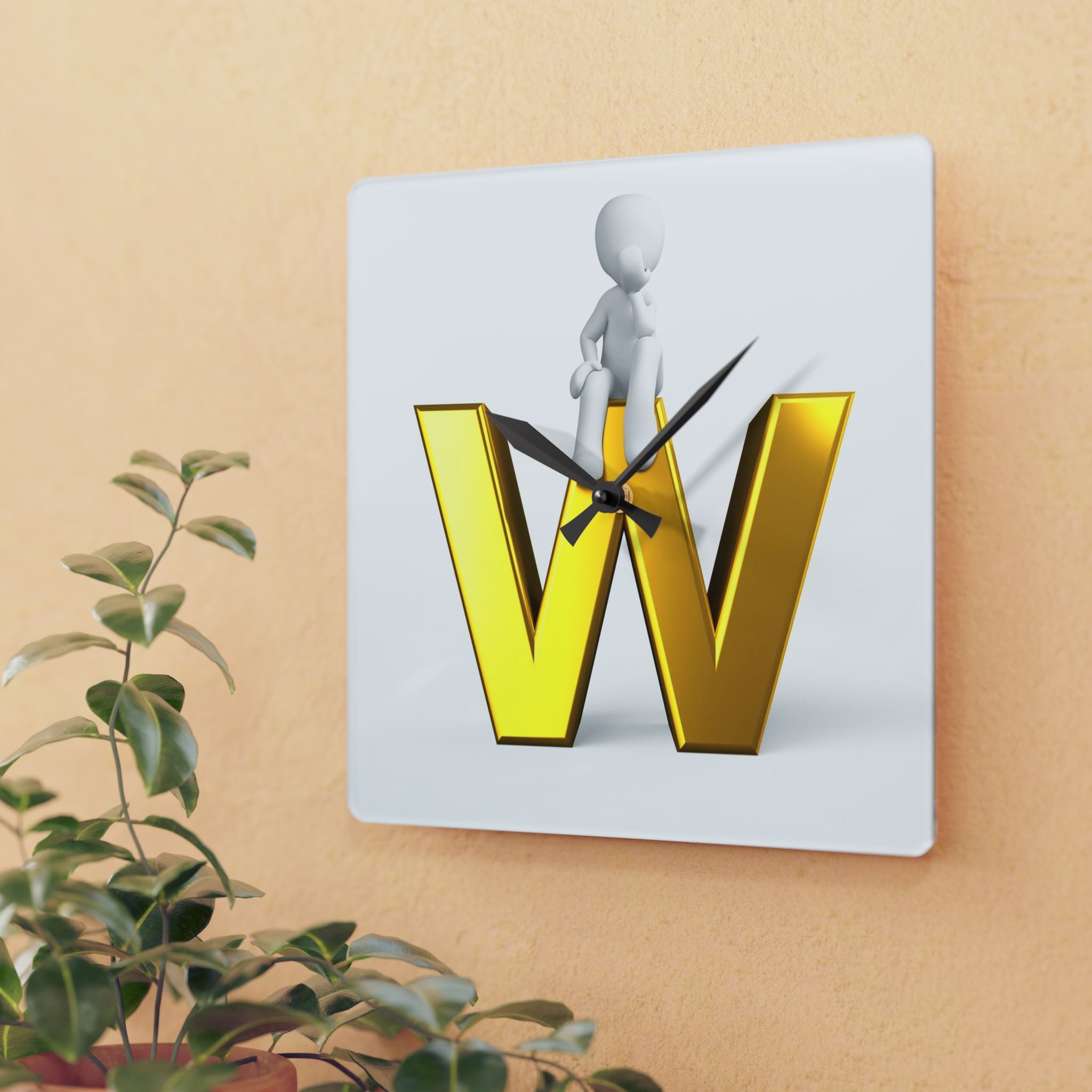 Gold Letter W with Figure Acrylic Wall Clock | Initial Monogram Decor