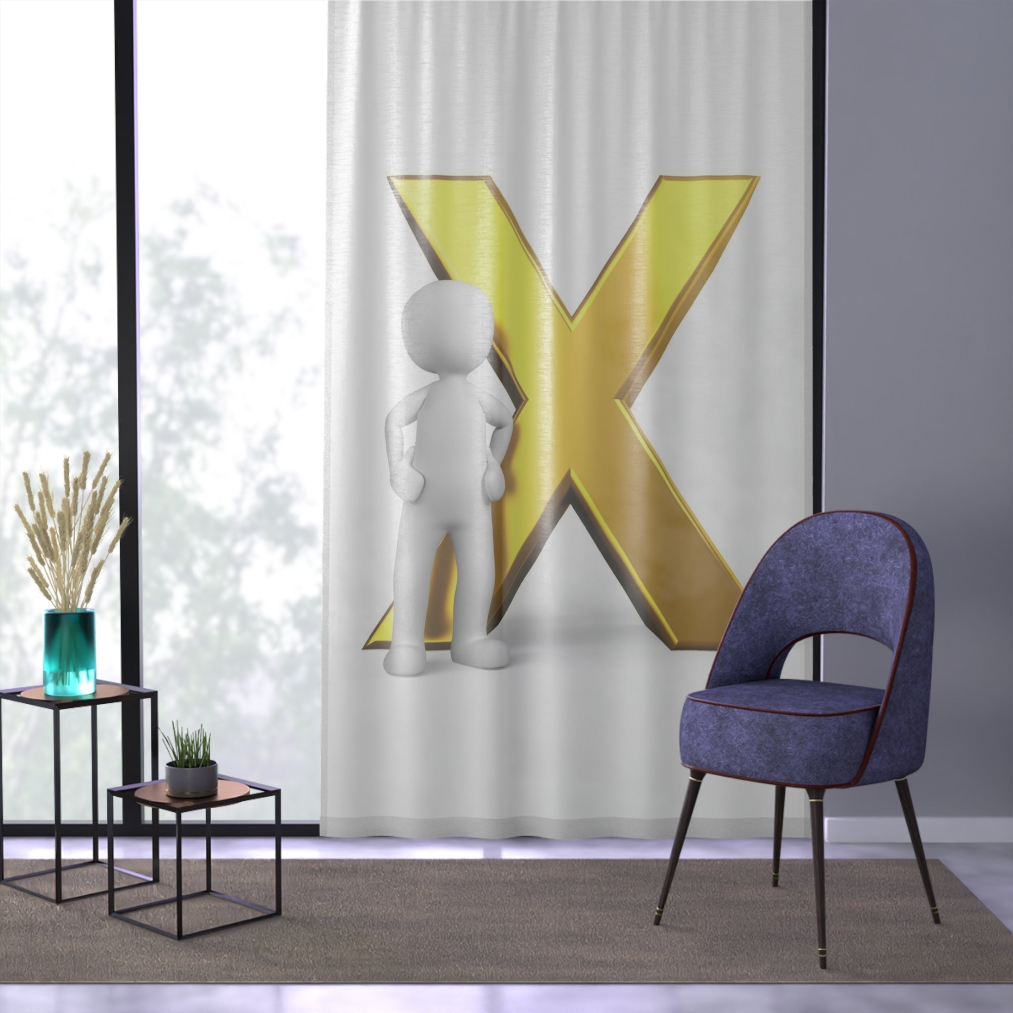3D Stick Figure with Gold X Window Curtain | Sheer Panel