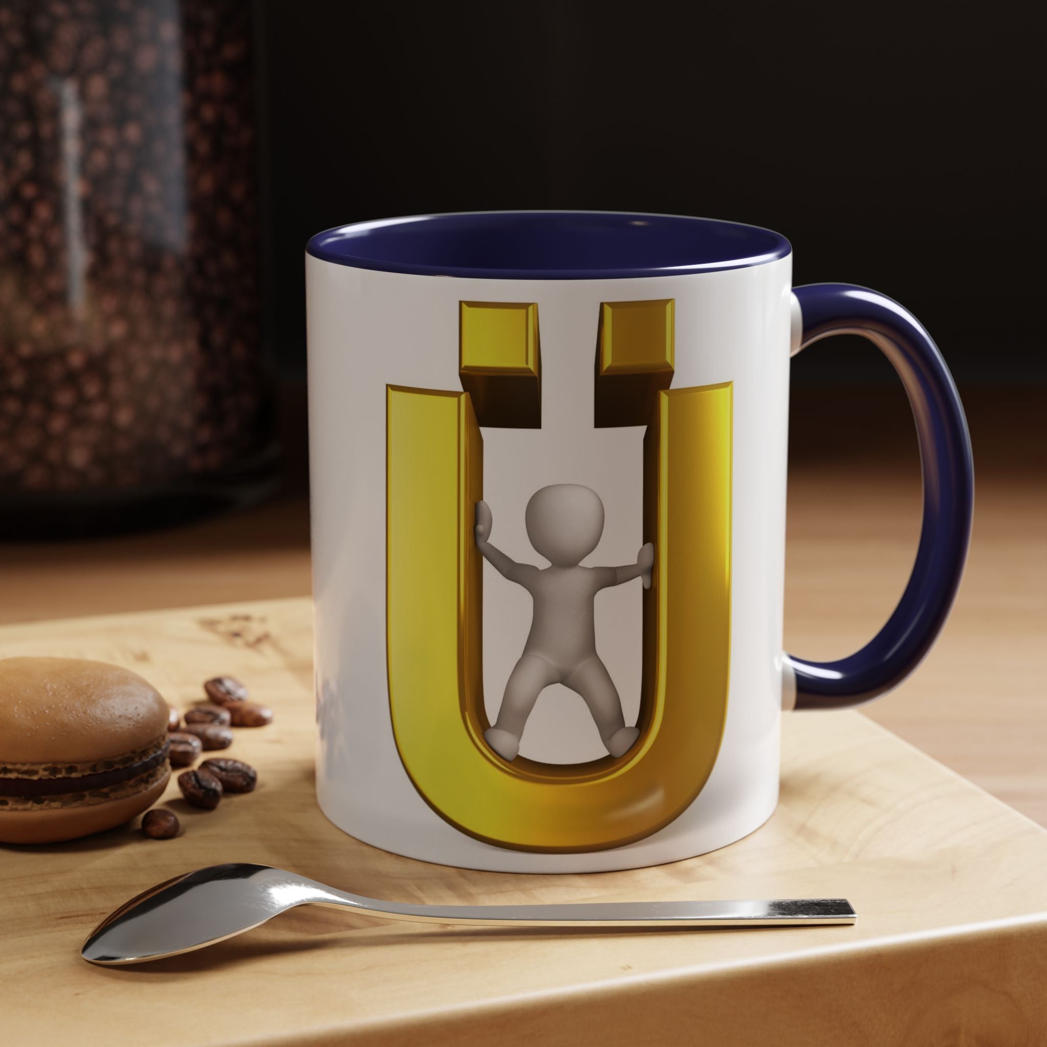 Tasse à café 3D « Lettre Ü dorée avec figurine stylisée » | Mug à anse de couleur