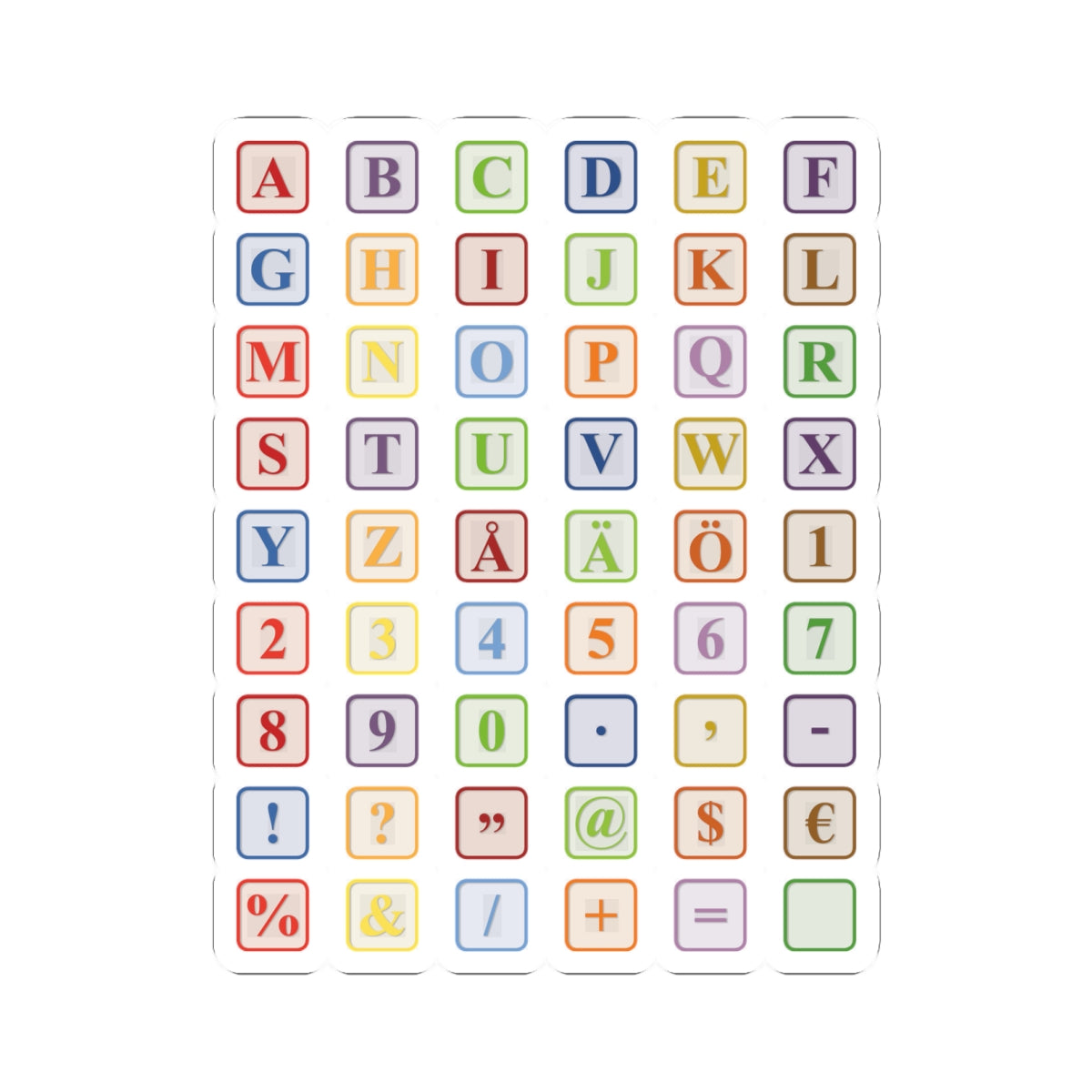 Autocollants de touches de clavier alphabet coloré découpés à la forme | Planche d'autocollants lettres, chiffres, symboles