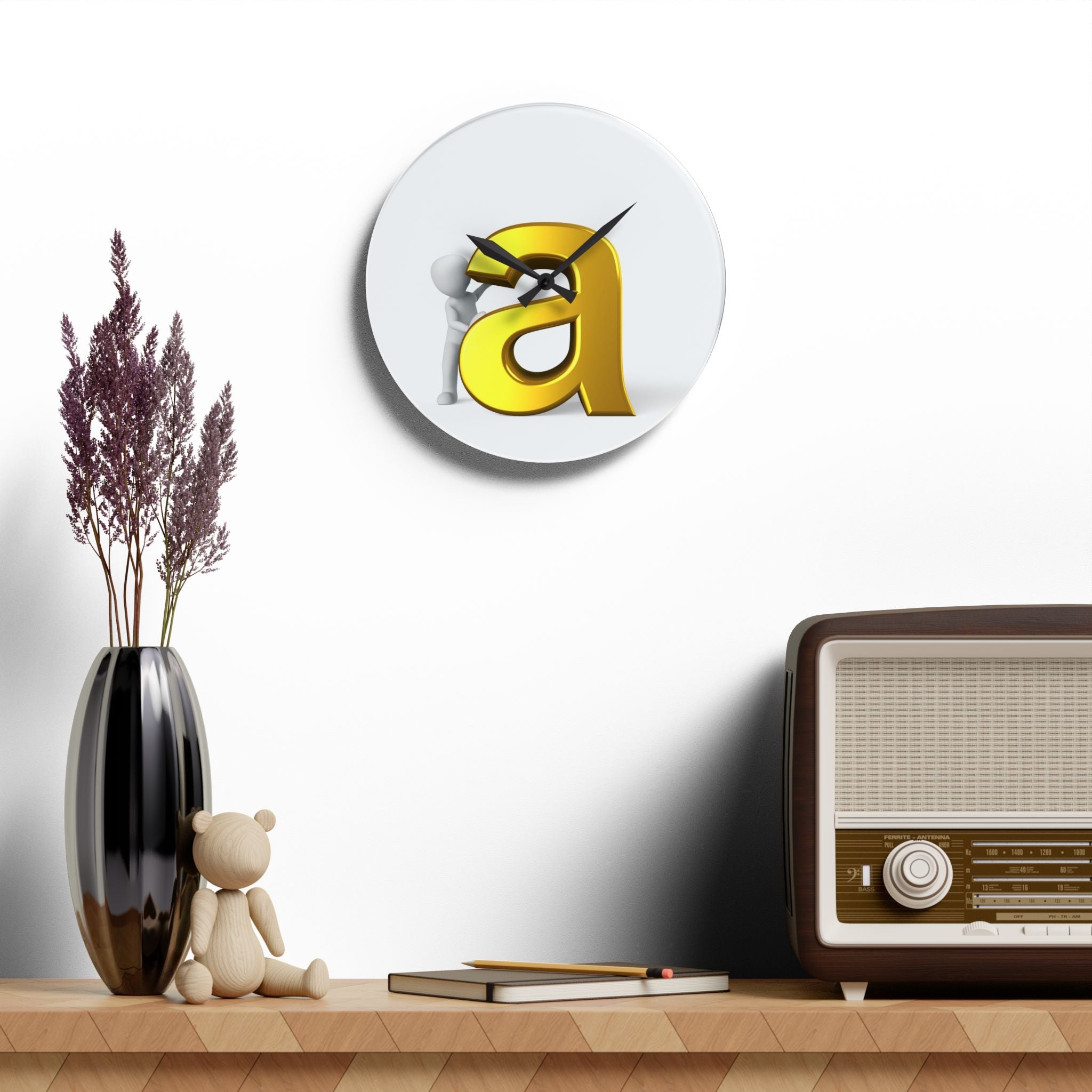 3D Gold Letter A with Character Acrylic Wall Clock | Modern Alphabet Decor