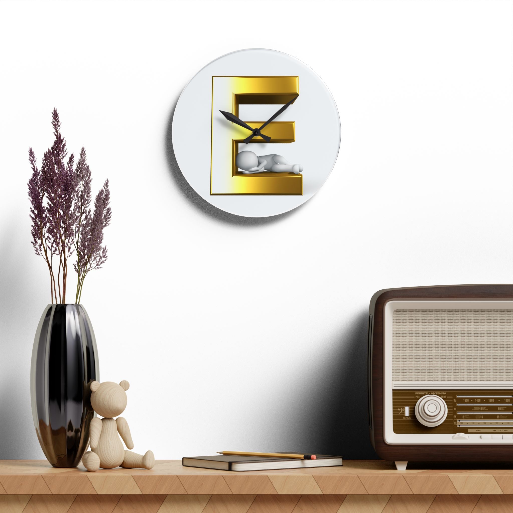 Gold Letter E with Sleeping Figure Acrylic Wall Clock | Modern Initial Home Decor
