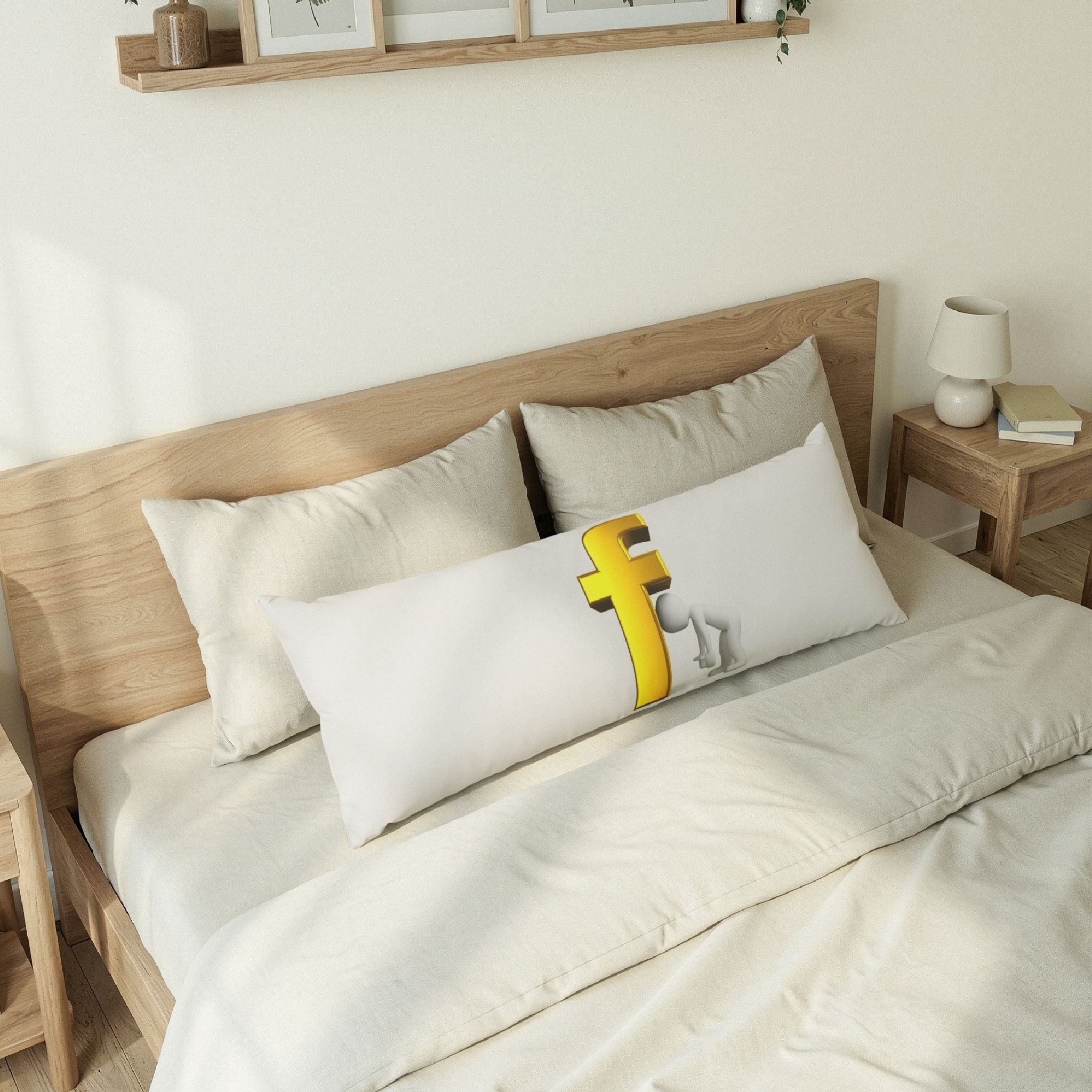 Stick Figure Peeking Around Gold Letter F Body Pillow | Novelty Typographic Pillow