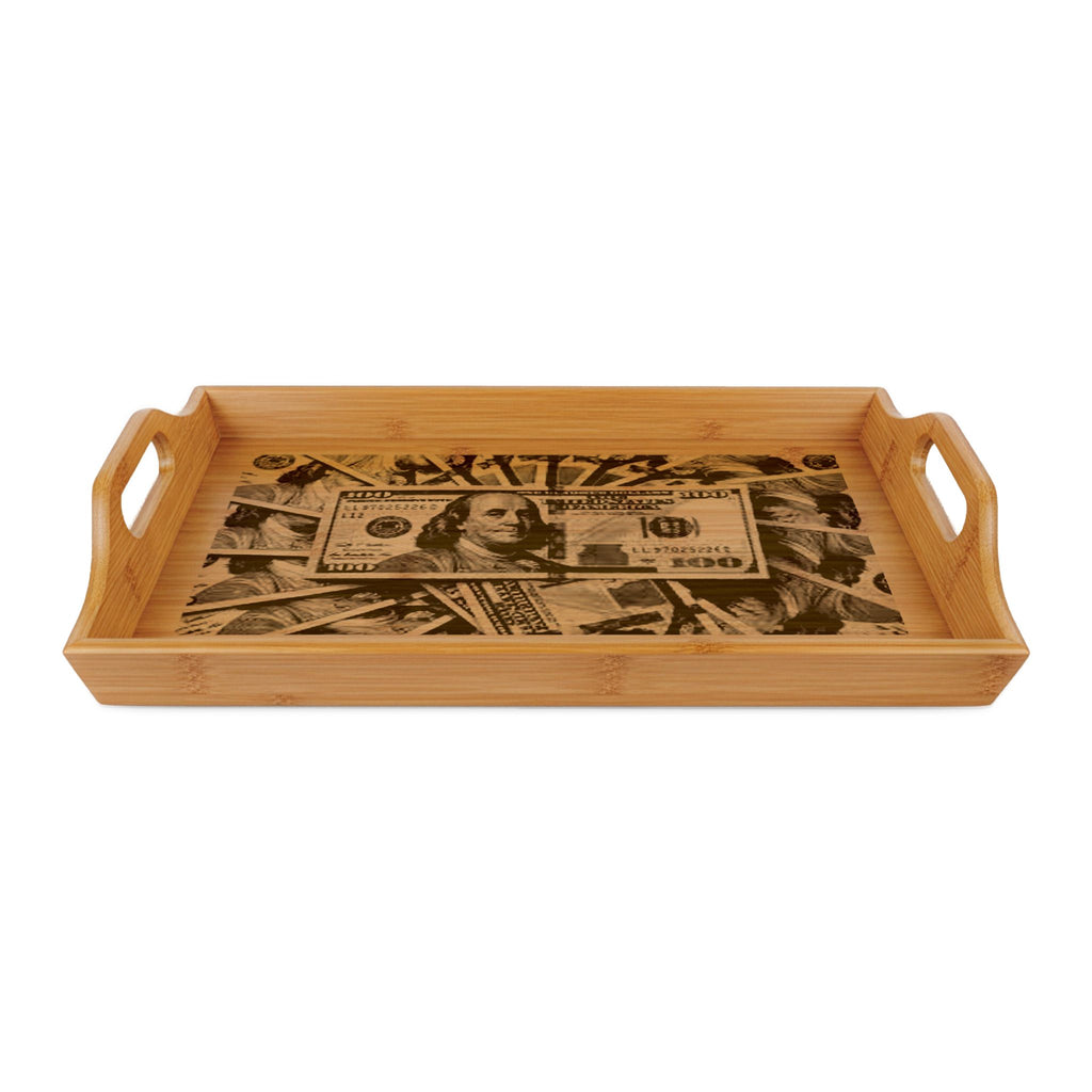 Money Collage Bamboo Serving Tray | Engraved Dollar Design