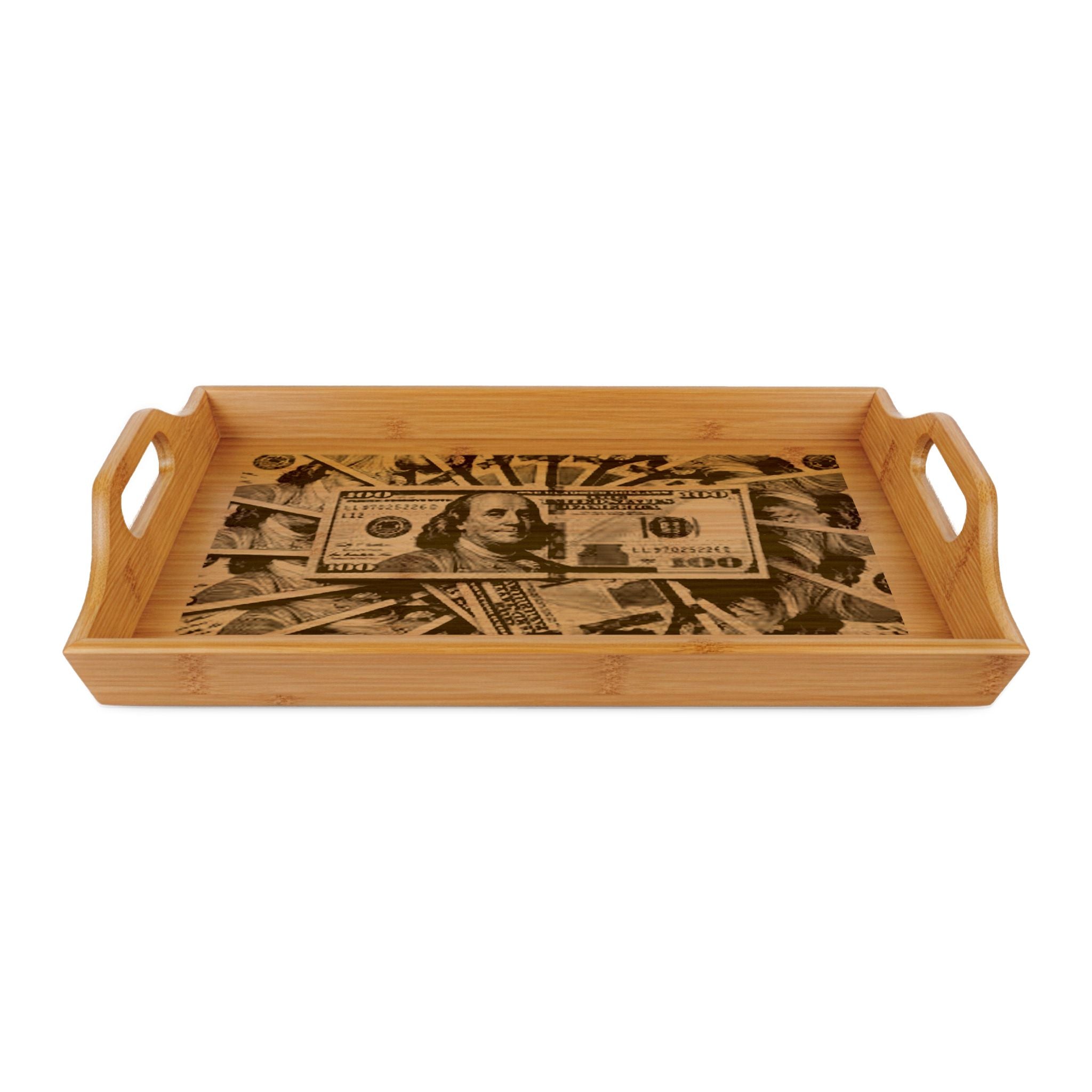 Money Collage Bamboo Serving Tray | Engraved Dollar Design