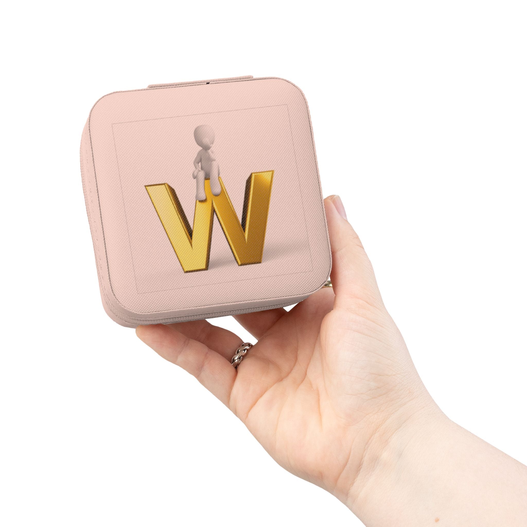 Étui de voyage compact rose pour bijoux avec monogramme en W doré