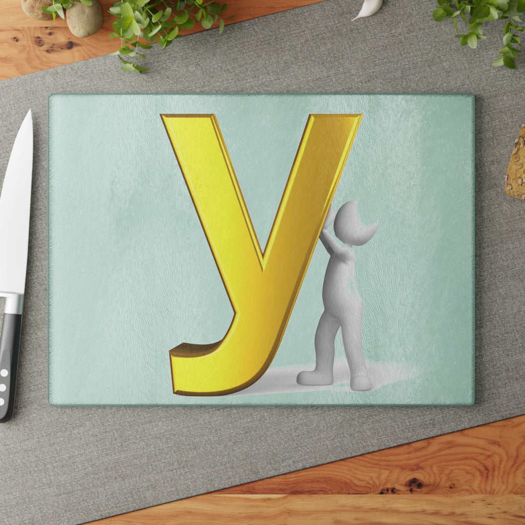 Yellow 3D Letter Y with Figure Glass Cutting Board | Alphabet Kitchen Décor