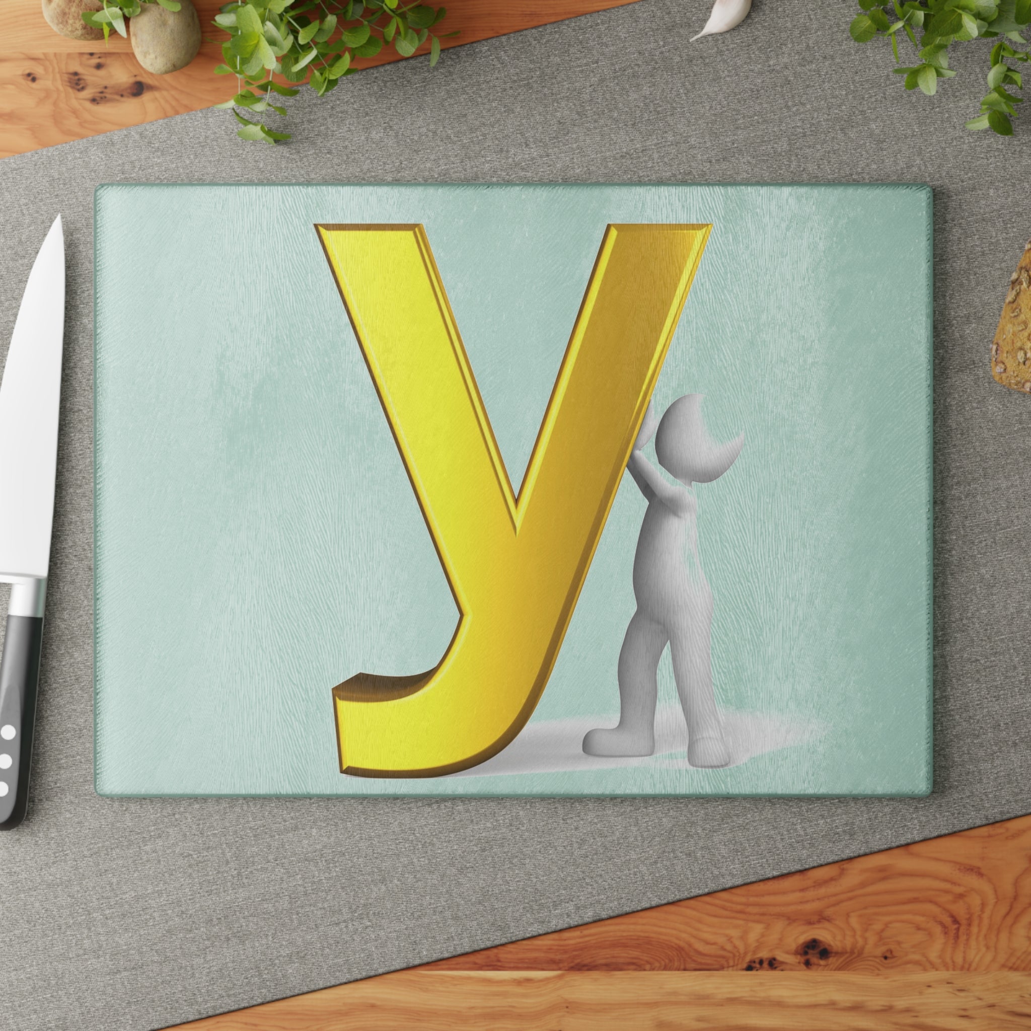 Yellow 3D Letter Y with Figure Glass Cutting Board | Alphabet Kitchen Décor