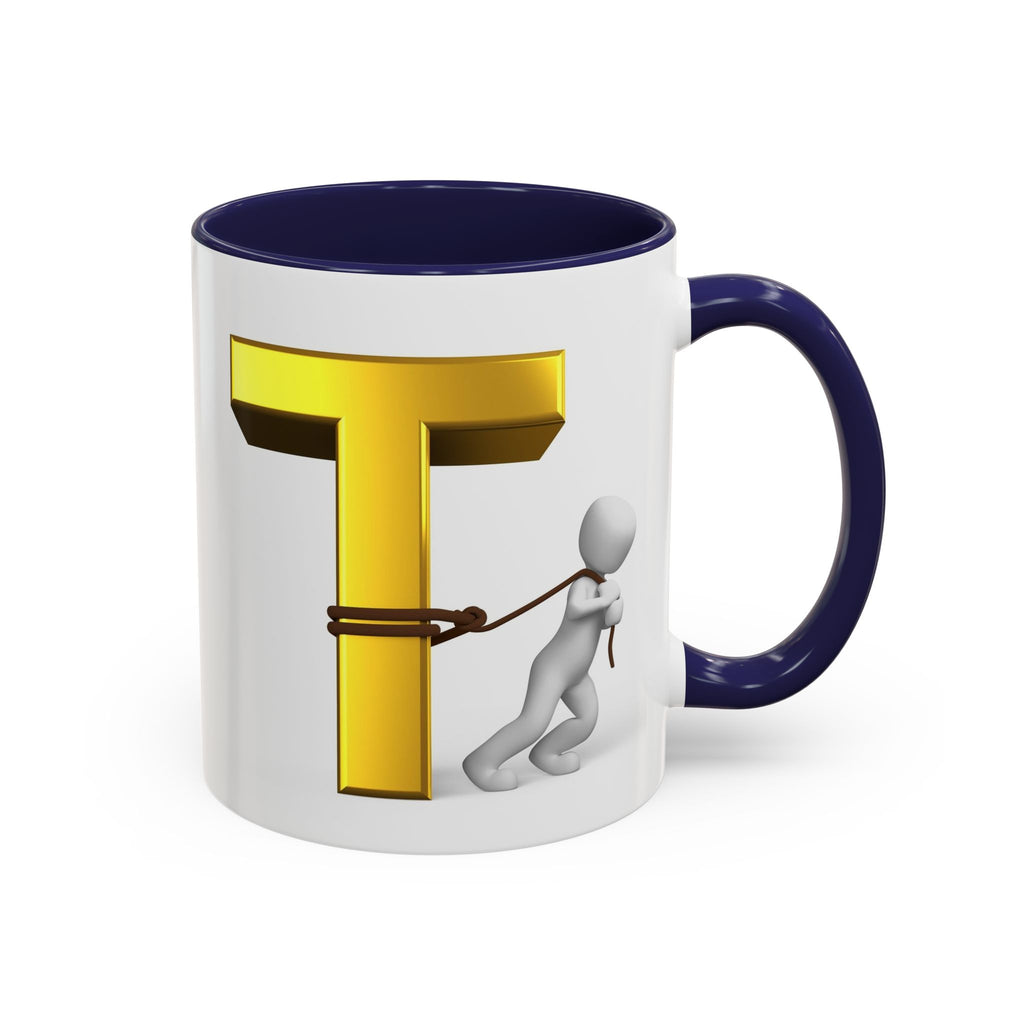 3D Stick Figure Tugging Gold Letter T Mug | Accent Coffee Mug