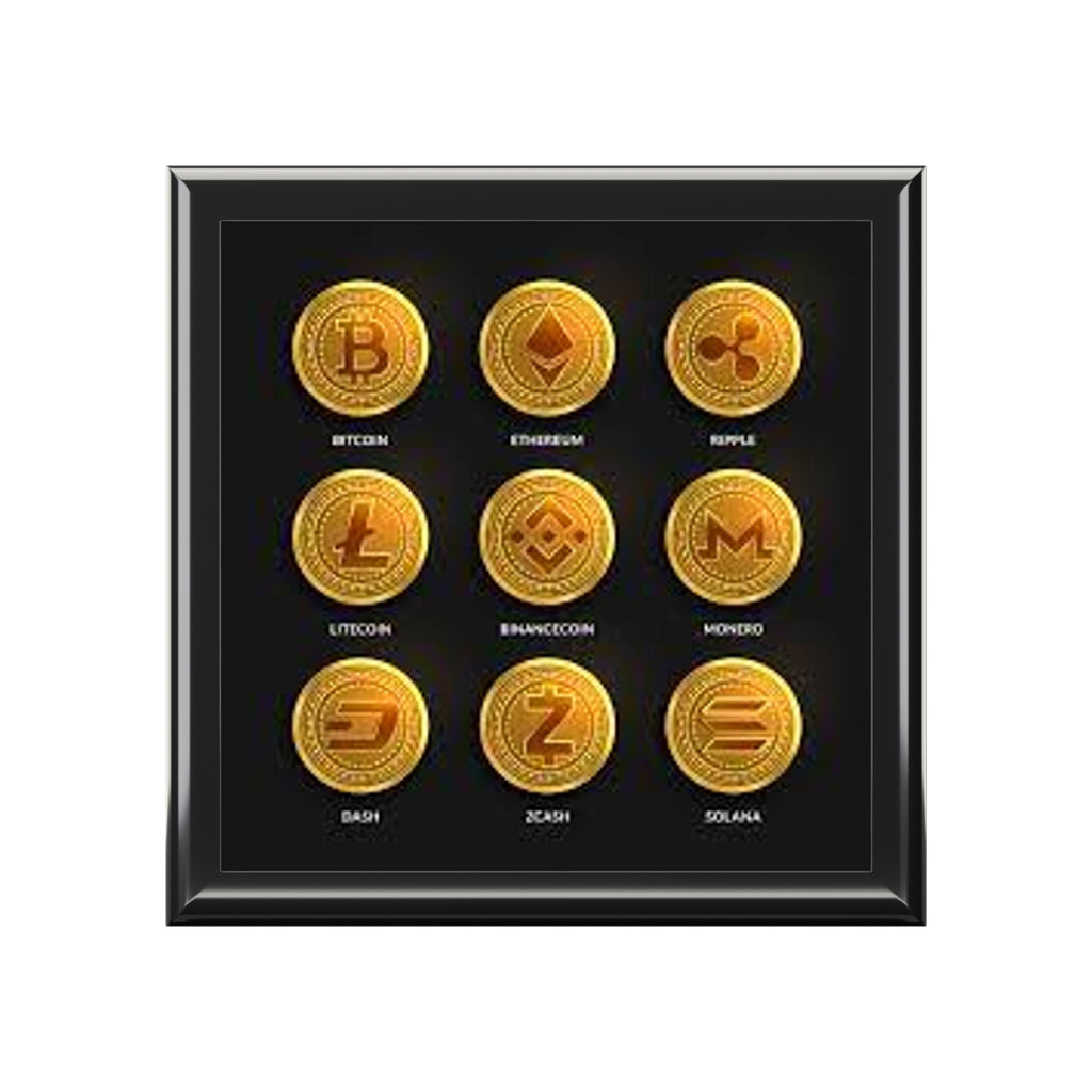 Cryptocurrency Coin Icons Jewelry Box | Bitcoin Ethereum Ripple Litecoin Display