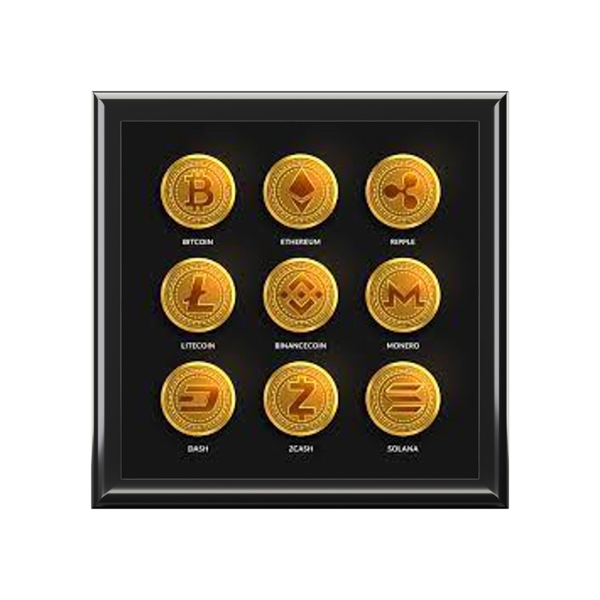 Cryptocurrency Coin Icons Jewelry Box | Bitcoin Ethereum Ripple Litecoin Display