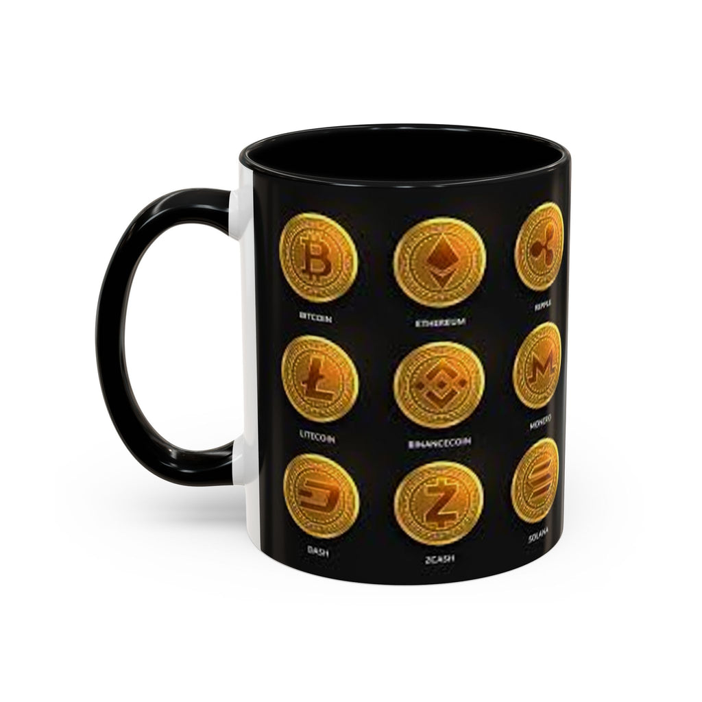 Cryptocurrency Coin Icons Accent Mug | Bitcoin Ethereum Litecoin Doge Coffee Mug