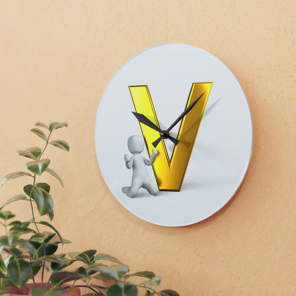Gold Letter V with 3D Figure Acrylic Wall Clock | Modern Initial Decor