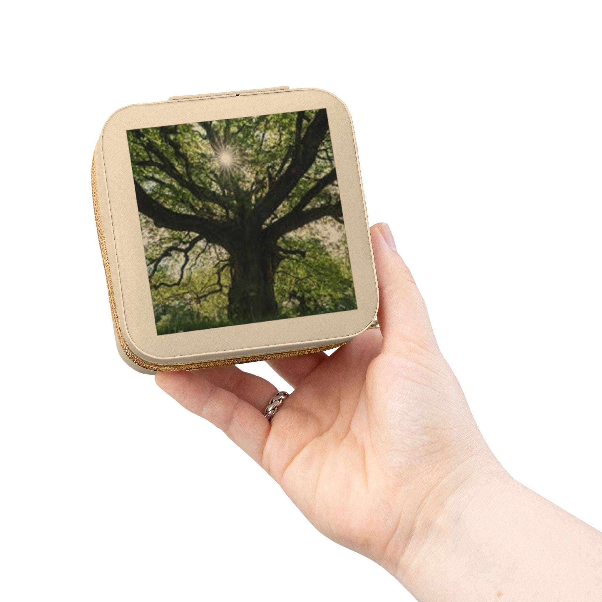Sunlit Tree Photo Jewelry Travel Case | Compact Organizer for Rings, Earrings, Necklaces