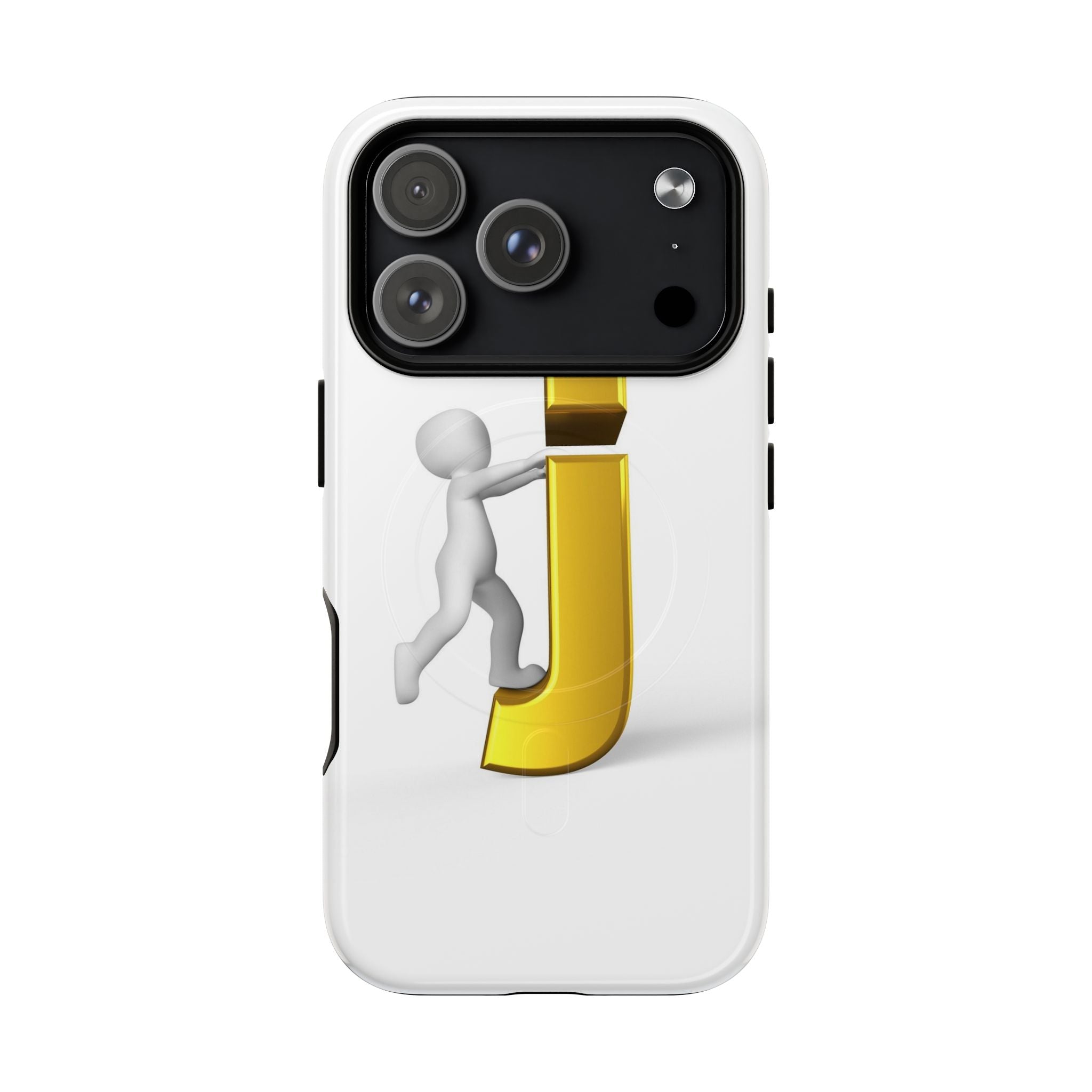 Coque de téléphone 3D Bonhomme allumette Poussant la lettre J dorée | Coque magnétique robuste