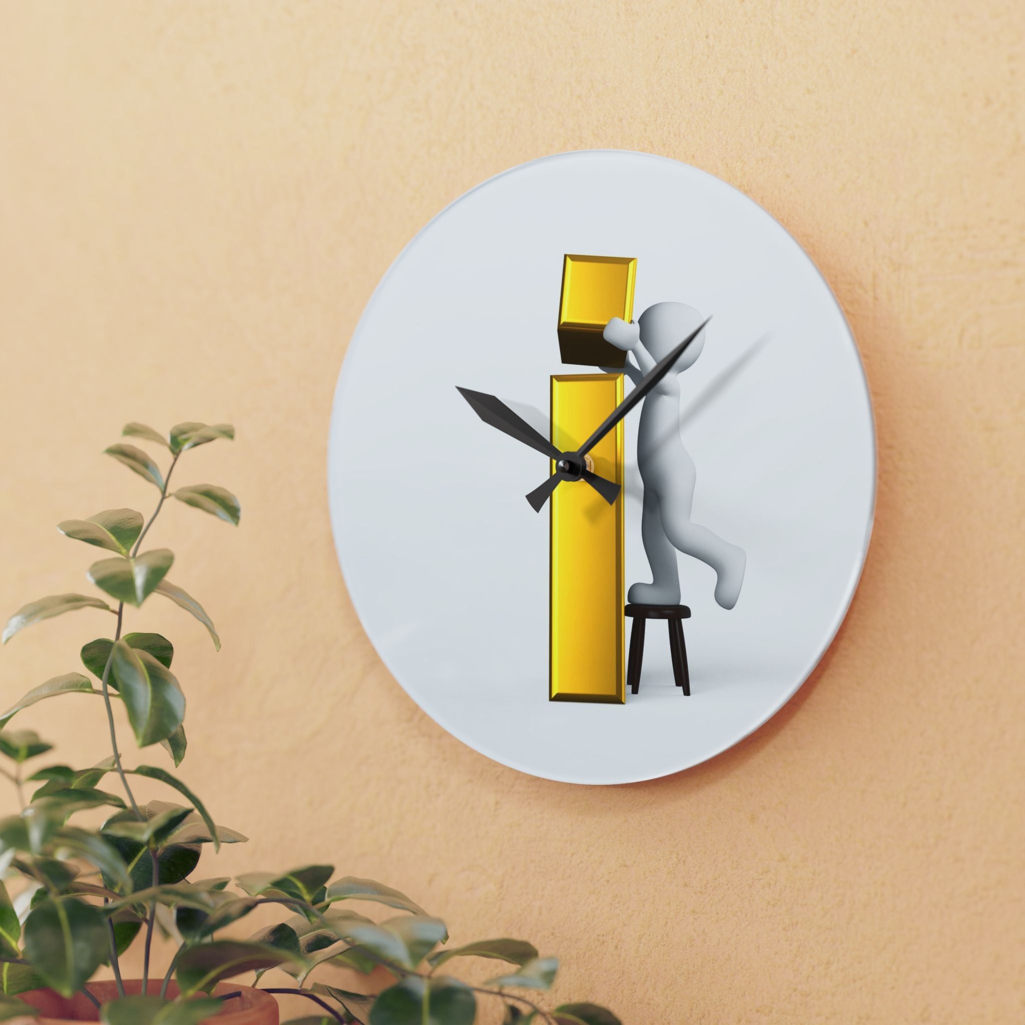 3D Figure Holding Gold Letter i Acrylic Wall Clock, modern typographic decor