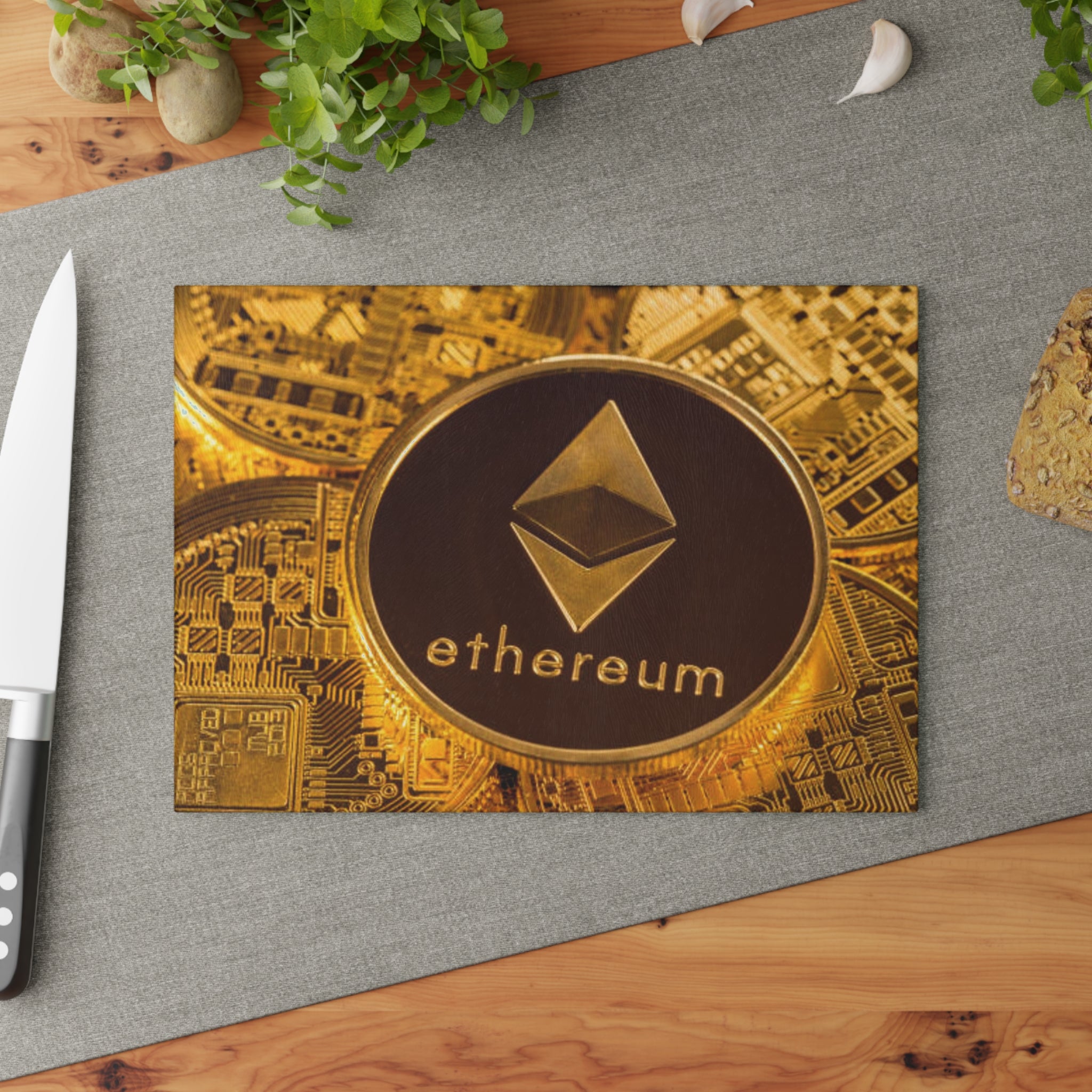 Ethereum Crypto Coin Glass Cutting Board | Cryptocurrency Kitchen Decor