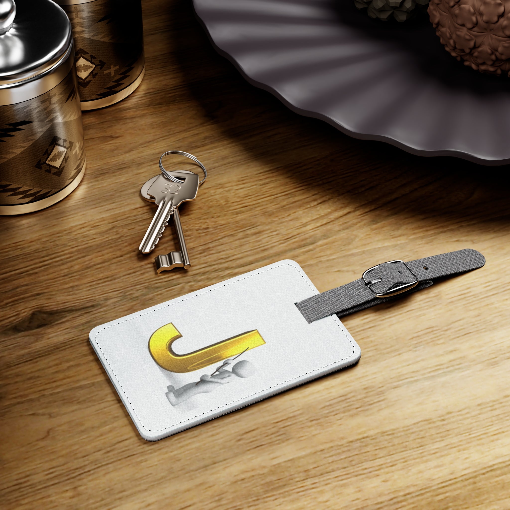 Gold Letter J with Figure luggage tag | Saffiano Polyester Rectangle