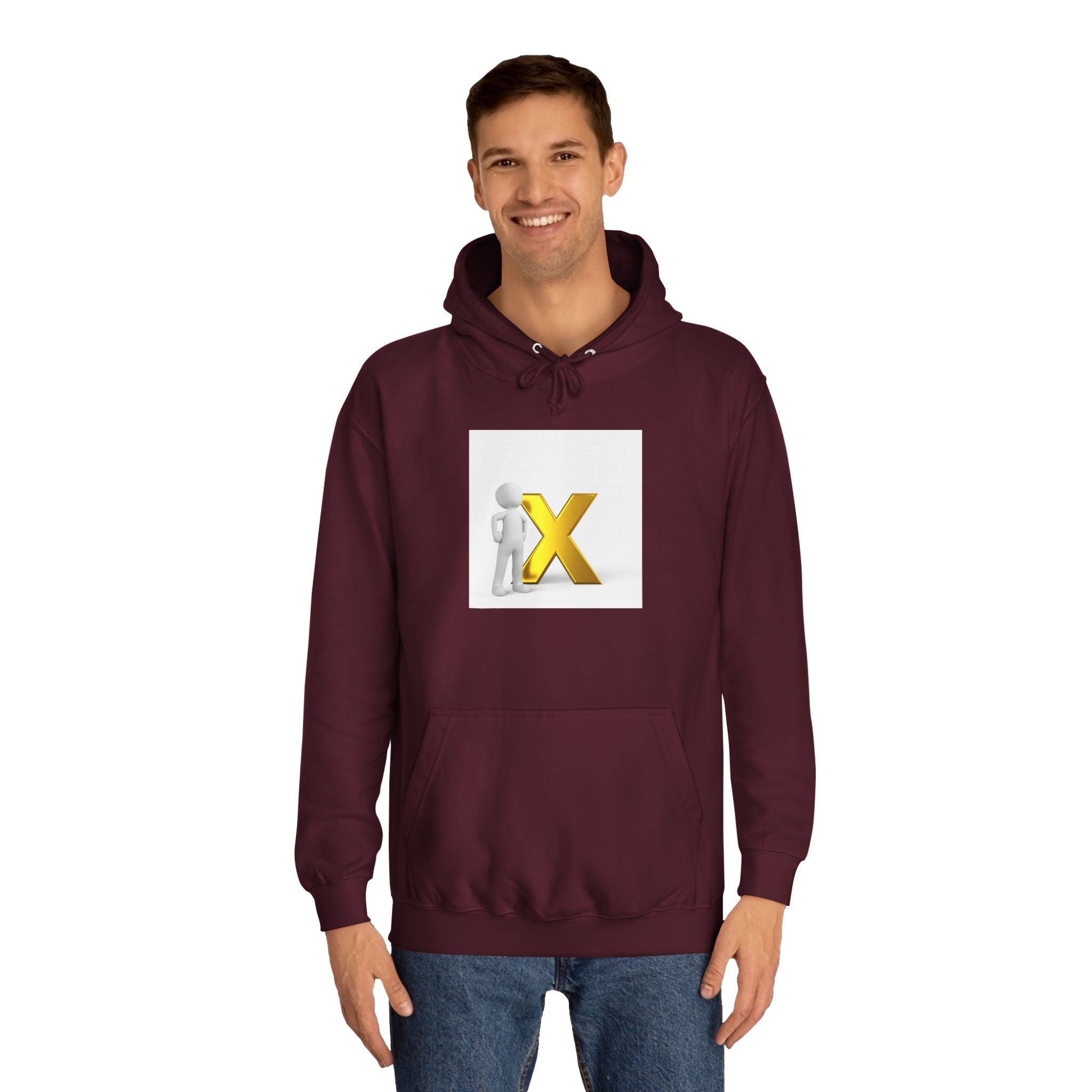 3D Figure Leaning on Gold X Hoodie | Letter X Initial Pullover
