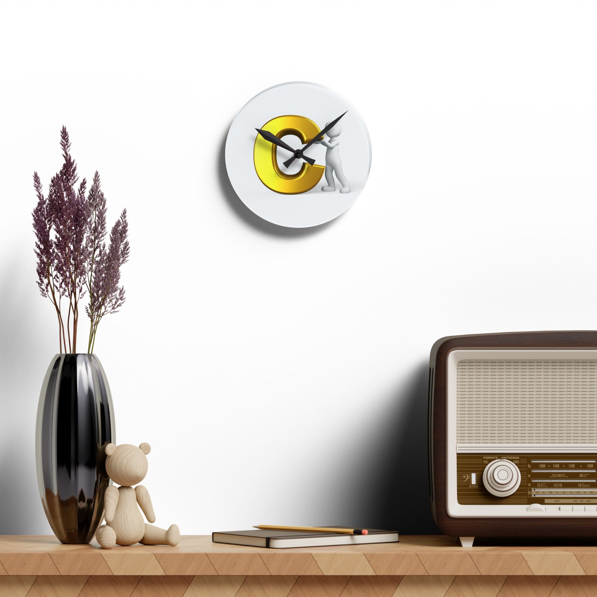 3D Gold Letter c with Figure Acrylic Wall Clock | Modern Legal Decor